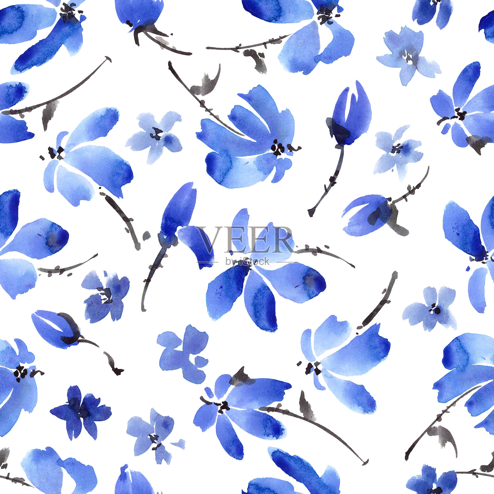 蓝色花朵图案插画图片素材