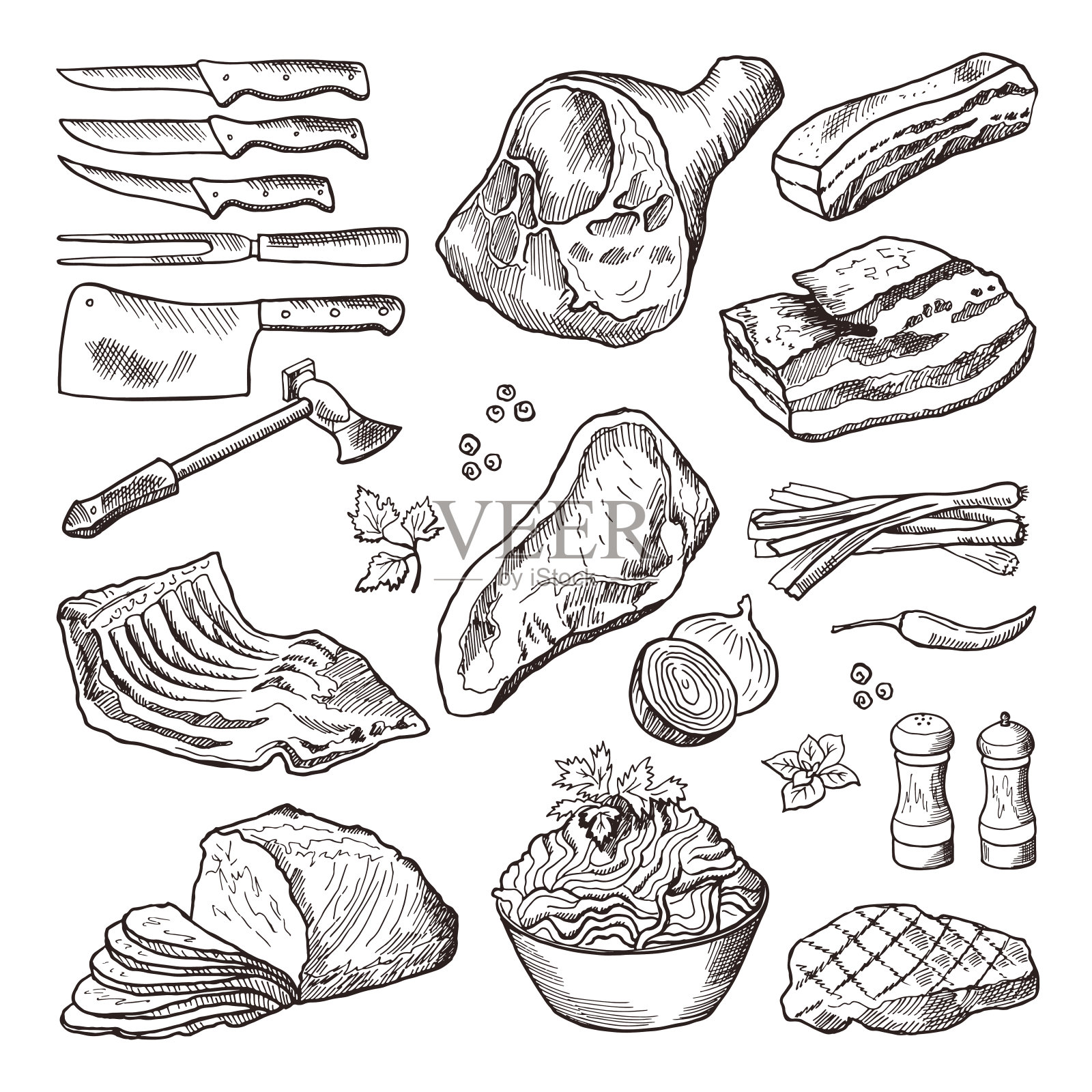 不同的肉类食品。猪肉，培根和厨房配件。刀和斧头矢量手绘图插画图片素材