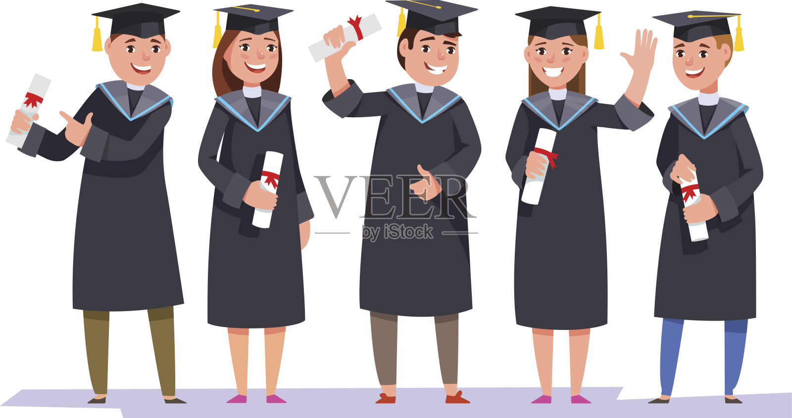 毕业典礼上，毕业生们带着毕业证书欢聚一堂插画图片素材