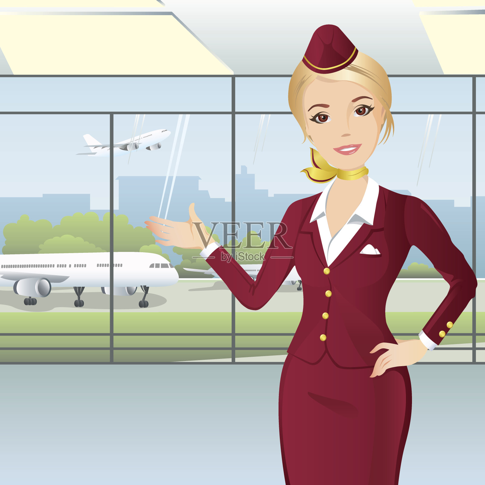 漂亮的空姐指着机场窗口的风景插画图片素材