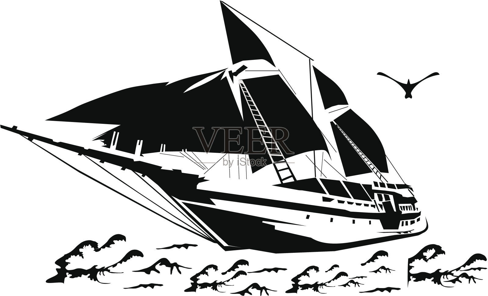 波浪上帆船的剪影。插画图片素材