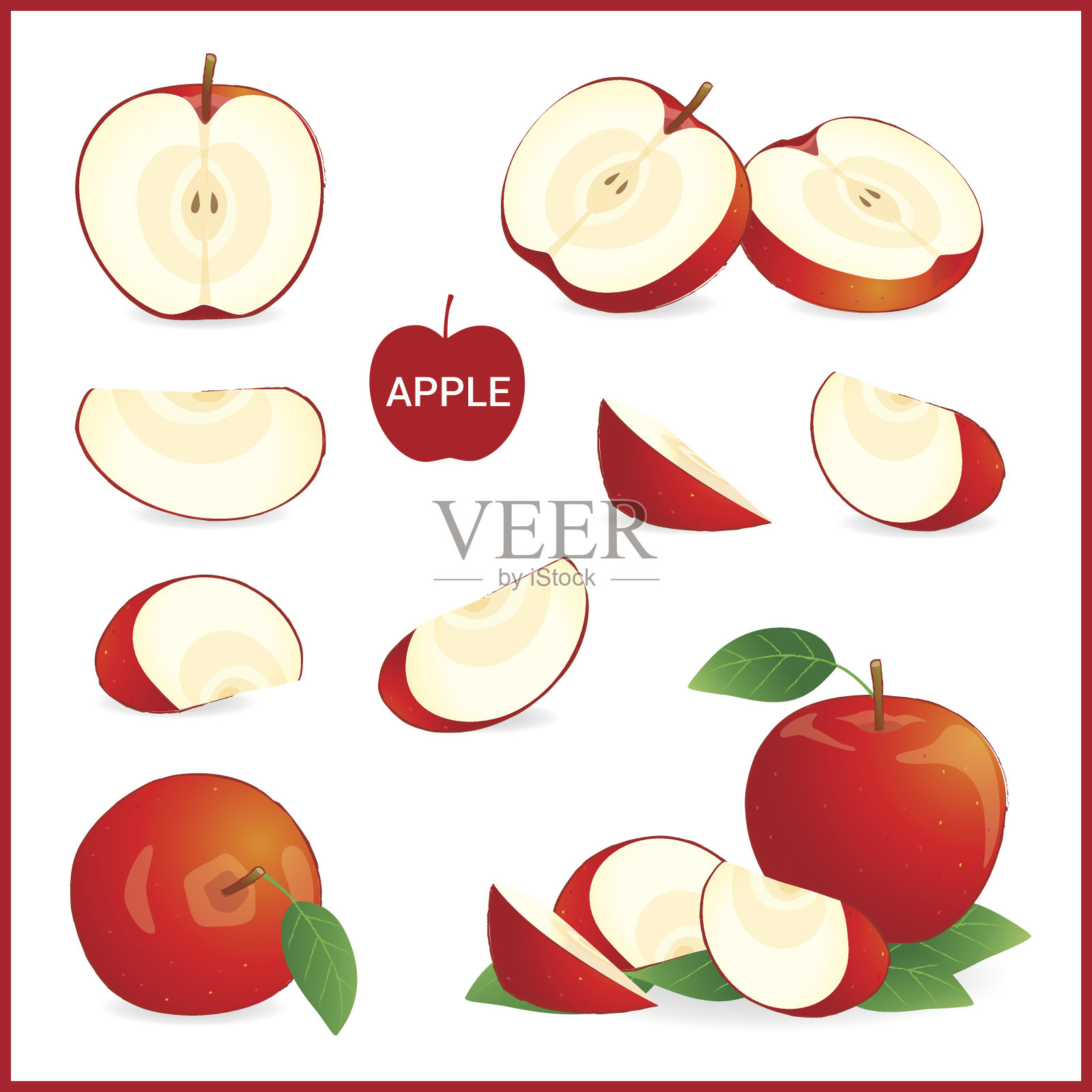 一套红苹果，整块，切半设计元素图片