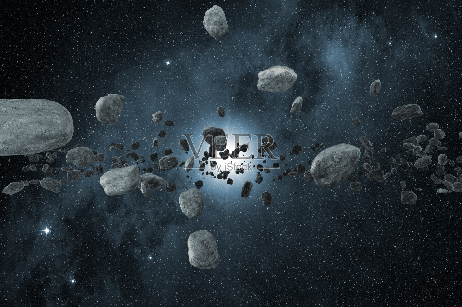 一群散落在太空中的小行星照片摄影图片