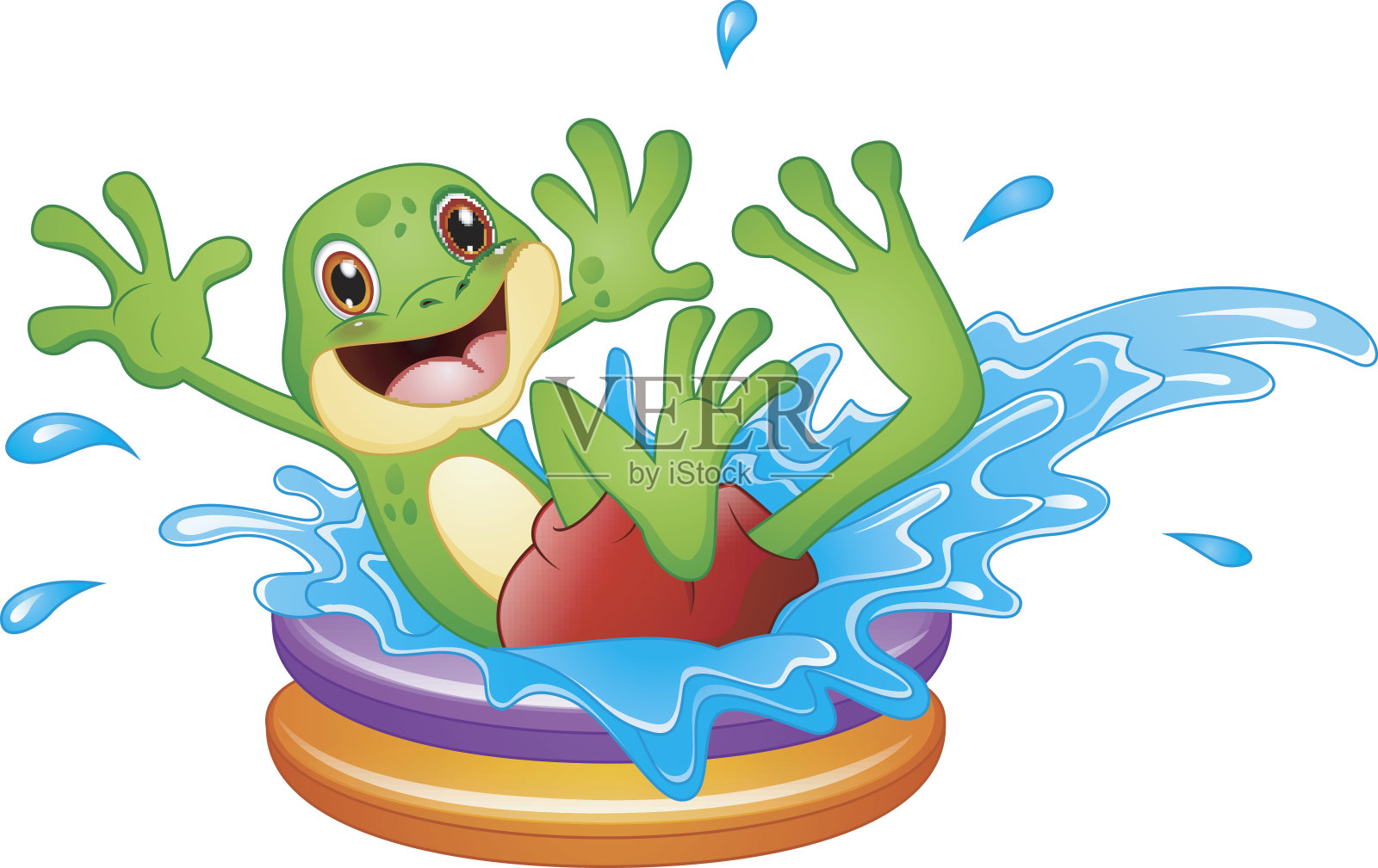 有趣的青蛙卡通坐在上面的充气游泳池与水飞溅插画图片素材