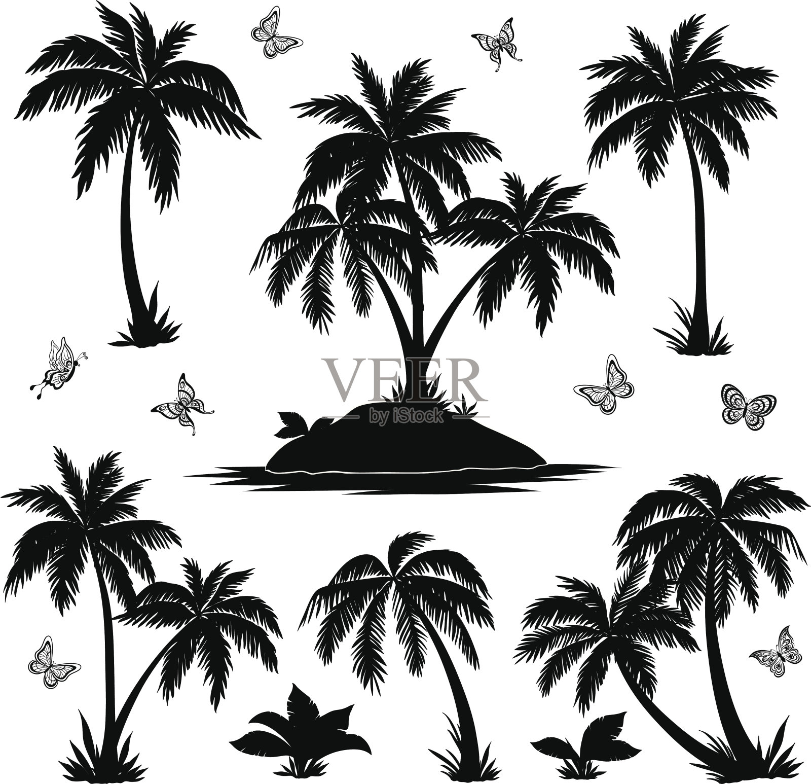 热带岛屿，棕榈树和蝴蝶的剪影插画图片素材
