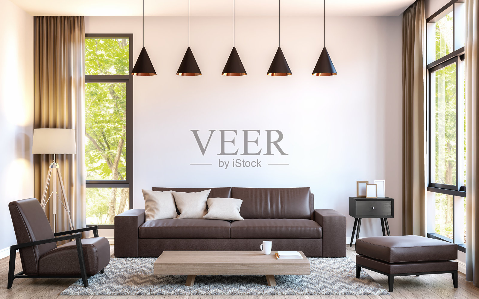 现代客厅装饰用棕色皮革家具三维渲染图像照片摄影图片