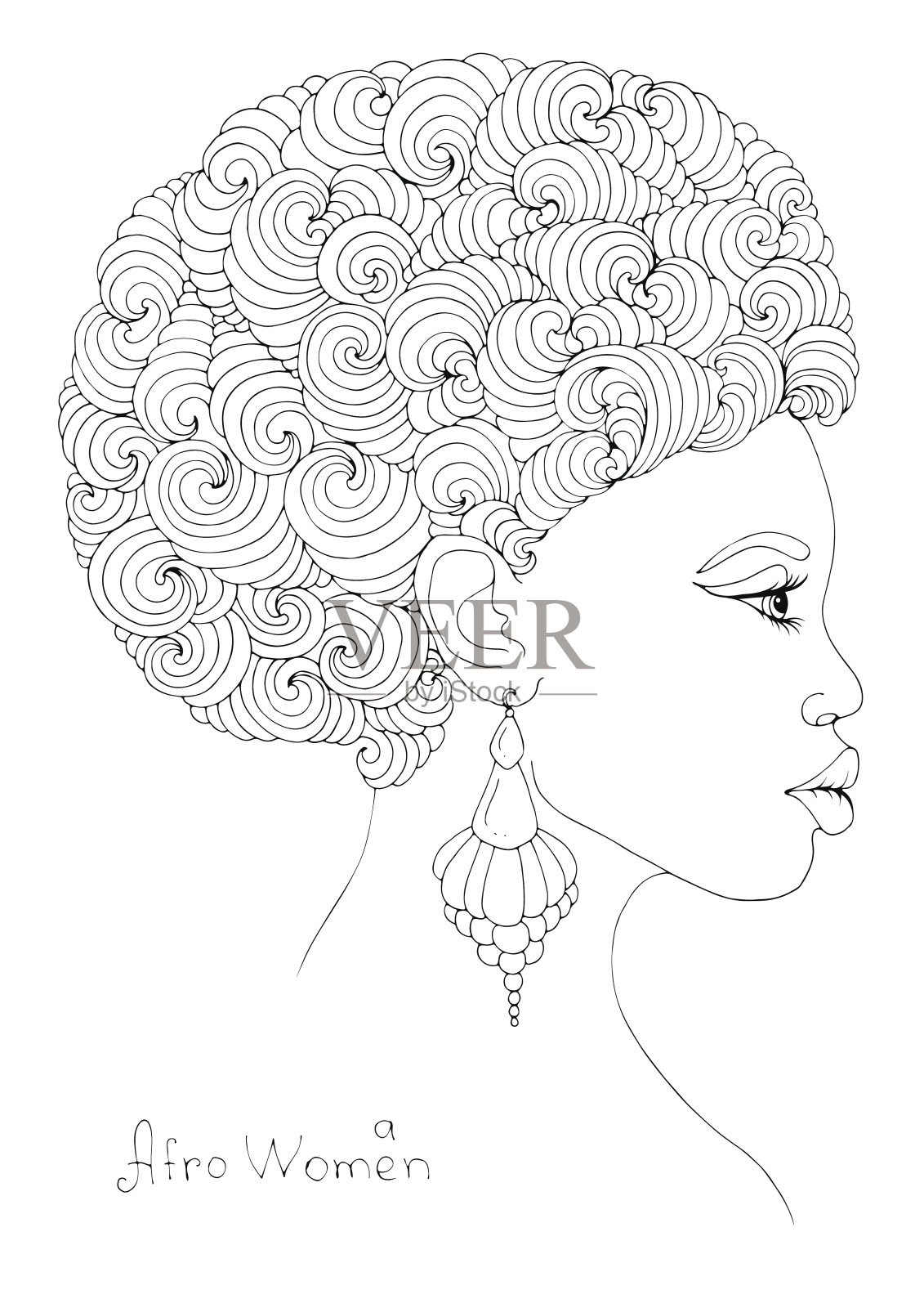 彩色的侧面肖像的一个年轻的非洲女孩与华丽的卷曲的非洲发型插画图片素材