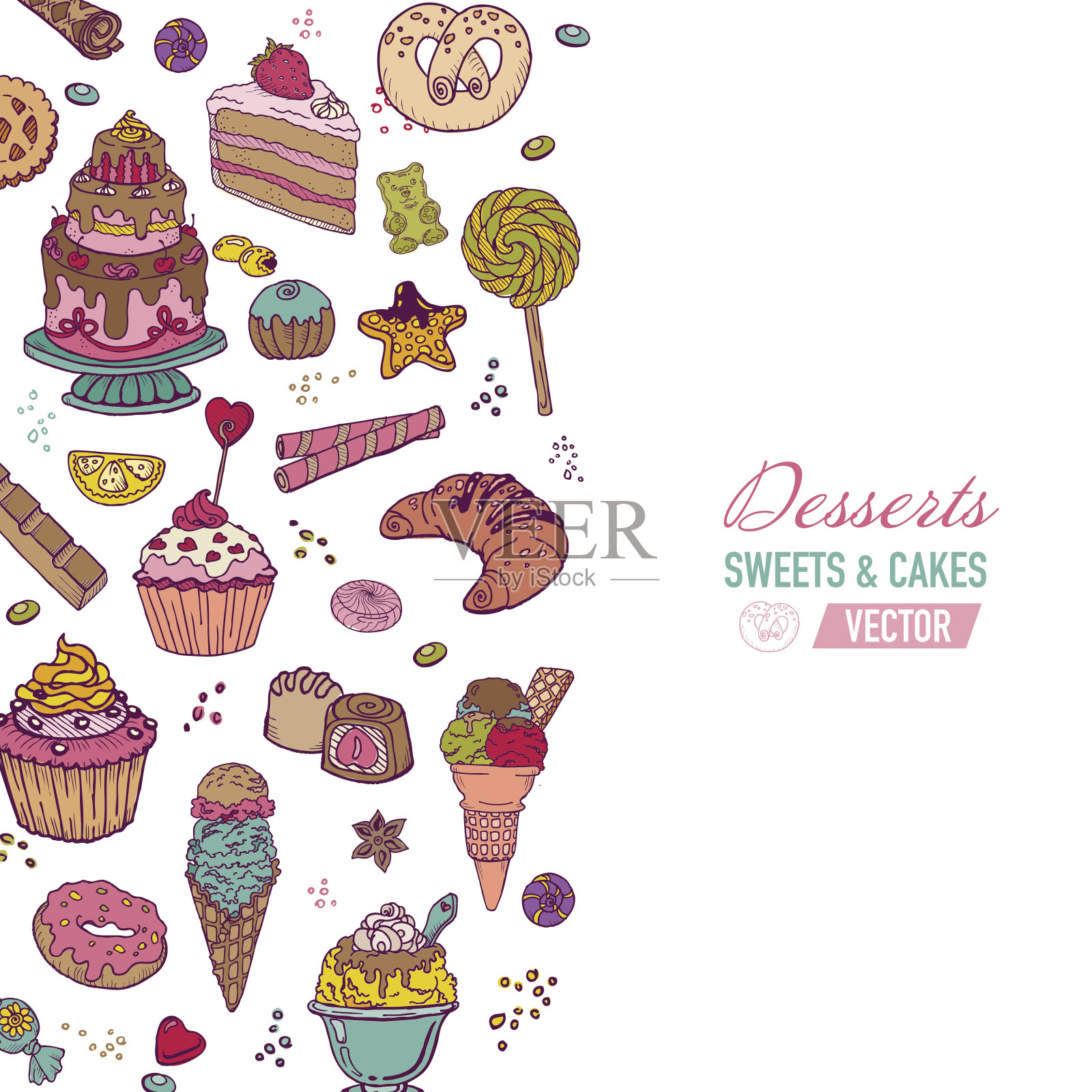 彩色背景-与蛋糕，糖果和甜点插画图片素材