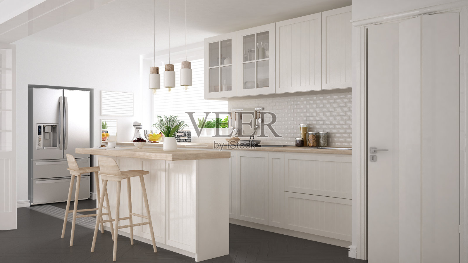 斯堪的纳维亚经典厨房，木制和白色的细节，简约的室内设计照片摄影图片
