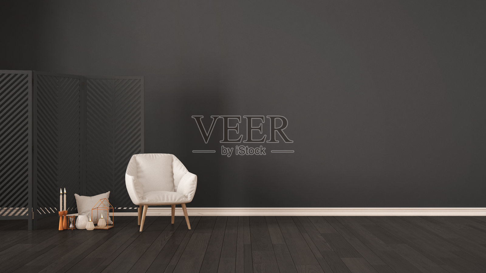 斯堪的纳维亚极简主义灰色背景扶手椅，屏幕，蜡烛和装饰木地板，客厅室内设计照片摄影图片