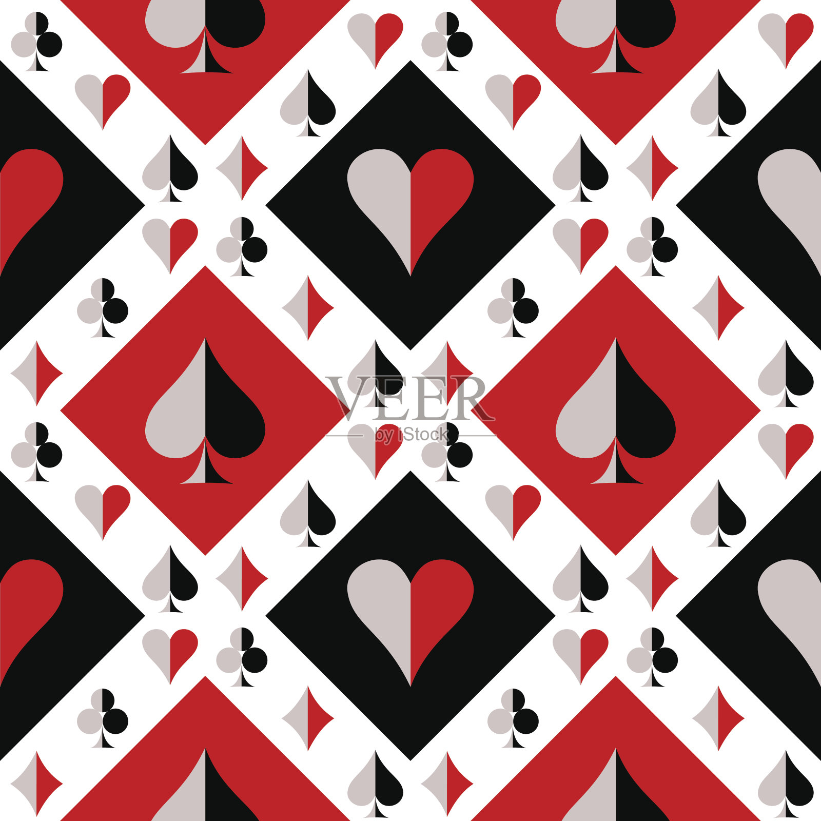 无缝矢量模式与图标的扑克牌。黑色，红色和白色重复背景。系列游戏和赌博无缝模式。插画图片素材