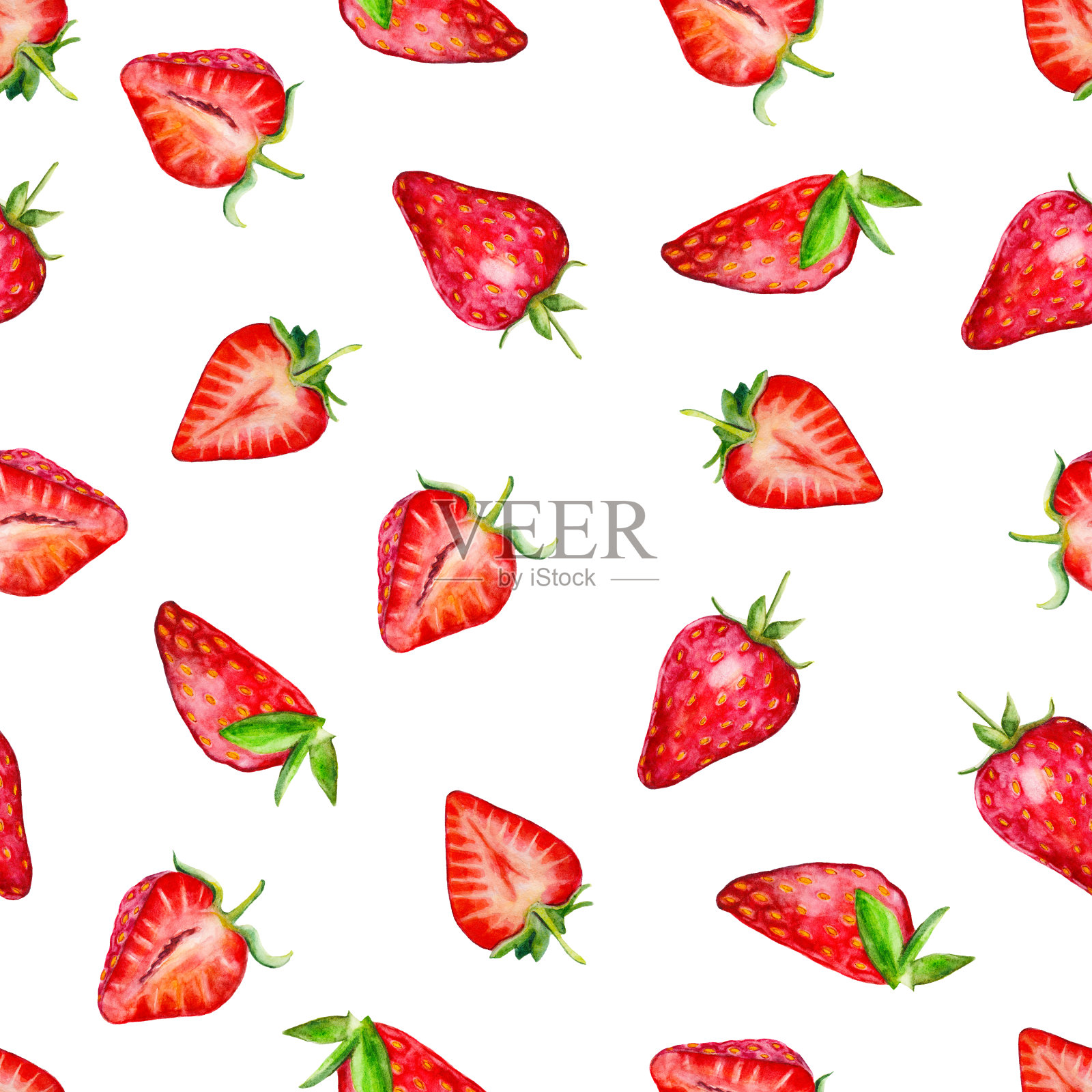 水彩草莓无缝图案，手绘风格插图情人节。插画图片素材