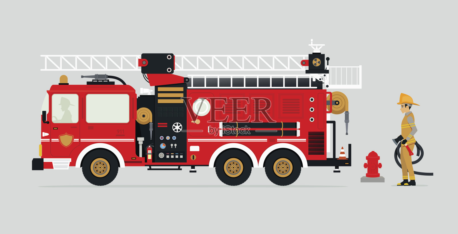消防车和消防员插画图片素材