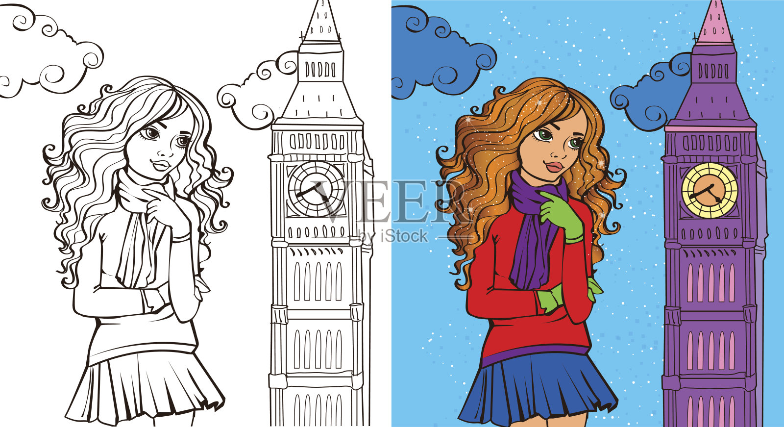 伦敦女孩涂色书插画图片素材
