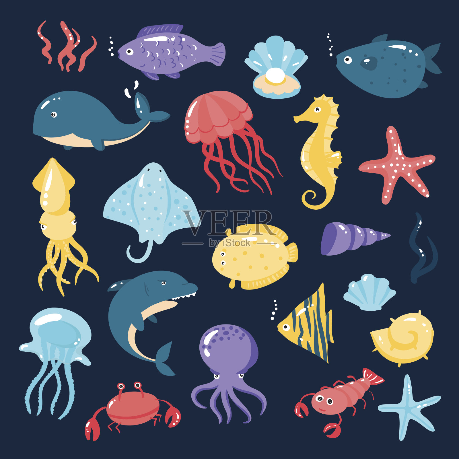 不同的海洋动物在可爱的卡通风格插画图片素材