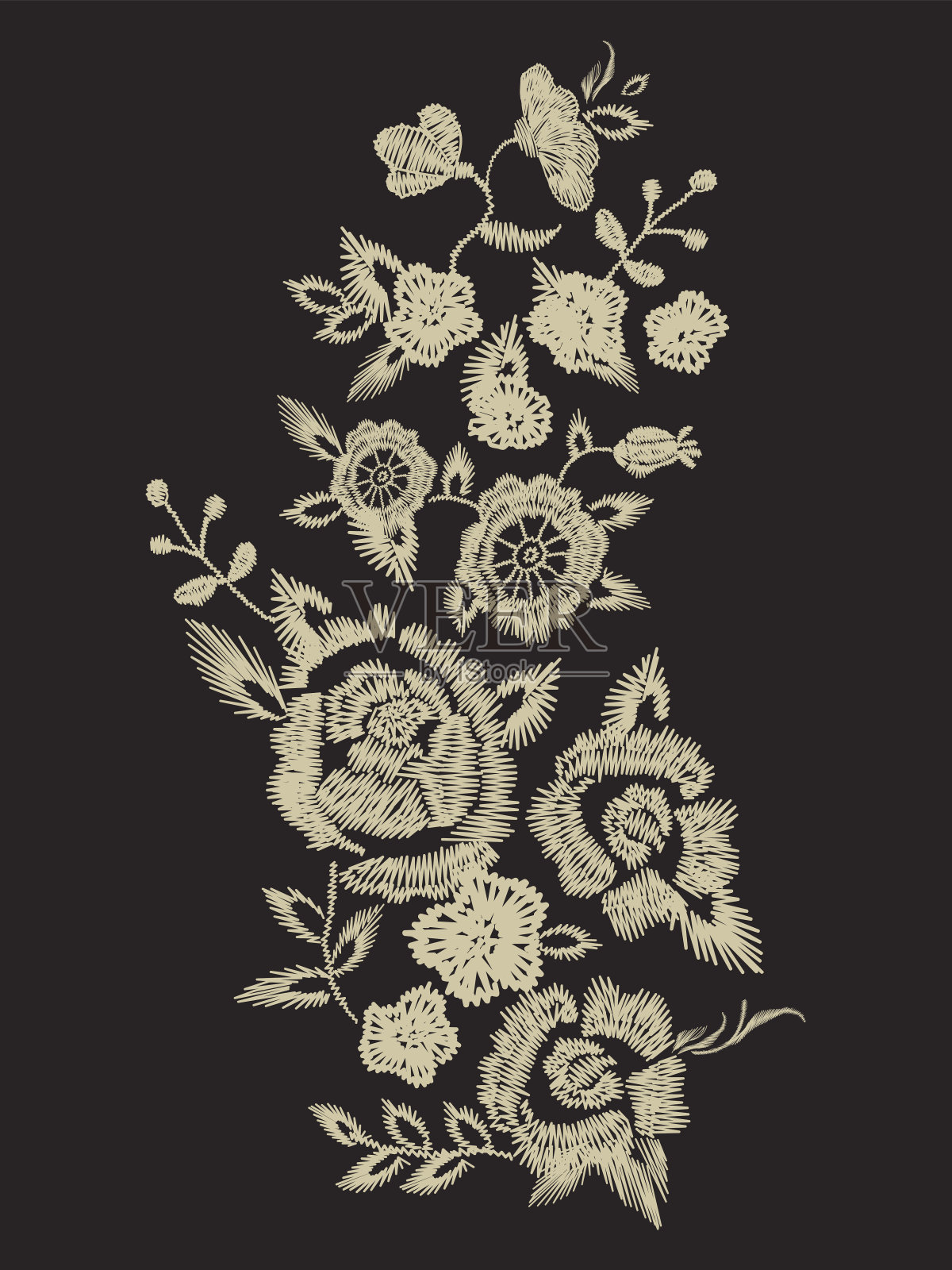 刺绣素色民族颈部线图案与简化的花朵。插画图片素材