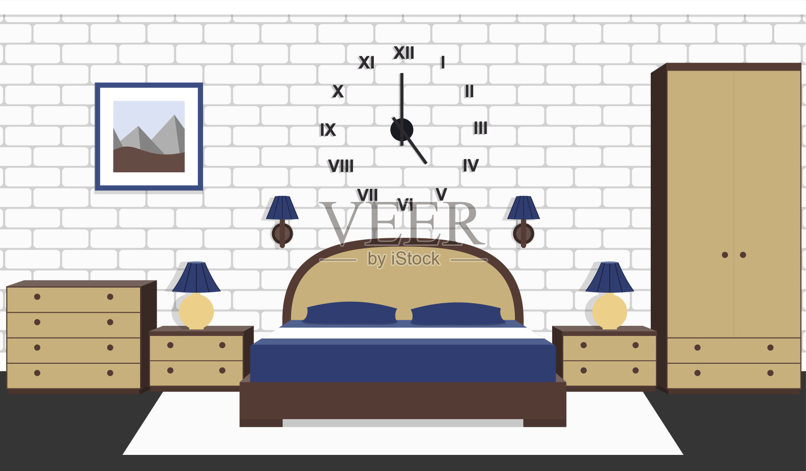 卧室内。矢量插图。背景与砖墙。插画图片素材