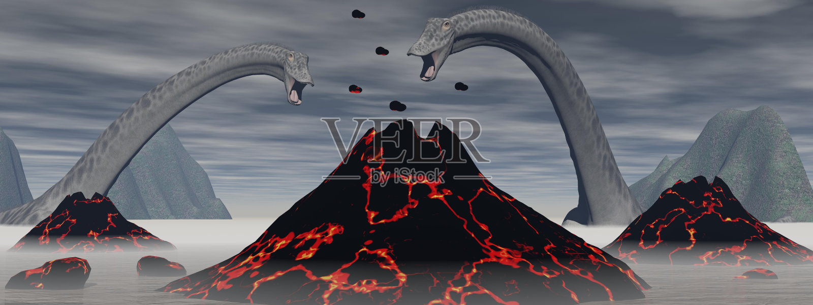 梁龙恐龙和火山- 3D渲染插画图片素材
