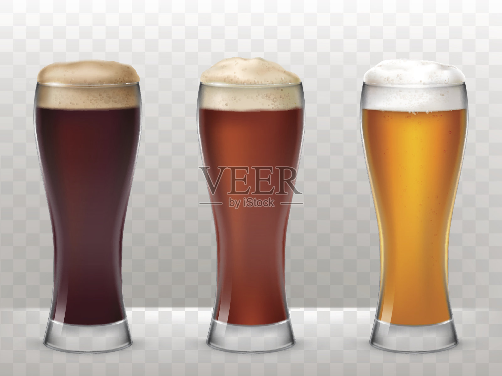 矢量插图三个高脚杯与不同的啤酒隔离在一个透明的背景插画图片素材