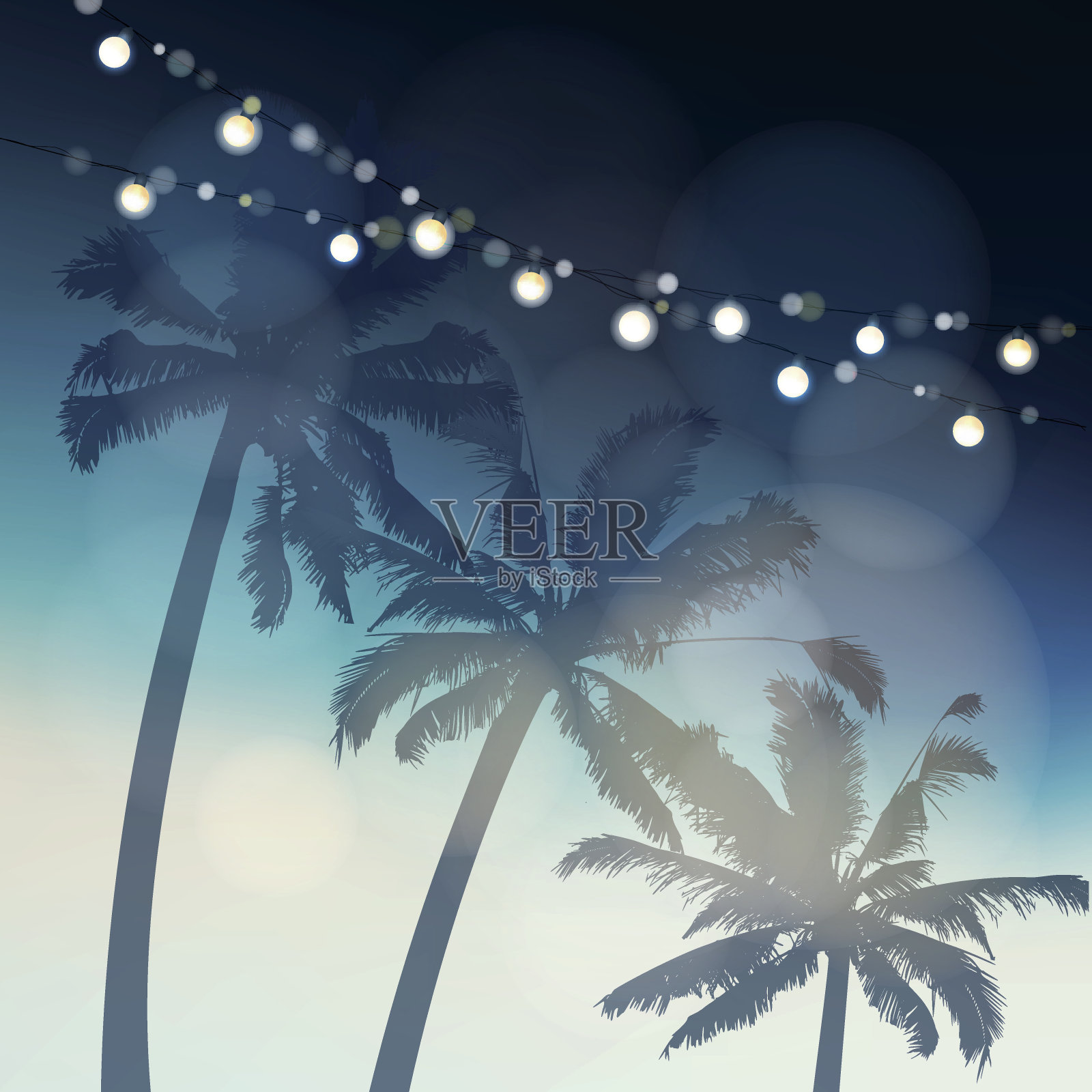 热带夏日派对或节日朱尼纳贺卡、请帖。棕榈树的剪影再次被灯泡照亮的夜空。游园会装饰。节日的概念。向量的背景插画图片素材