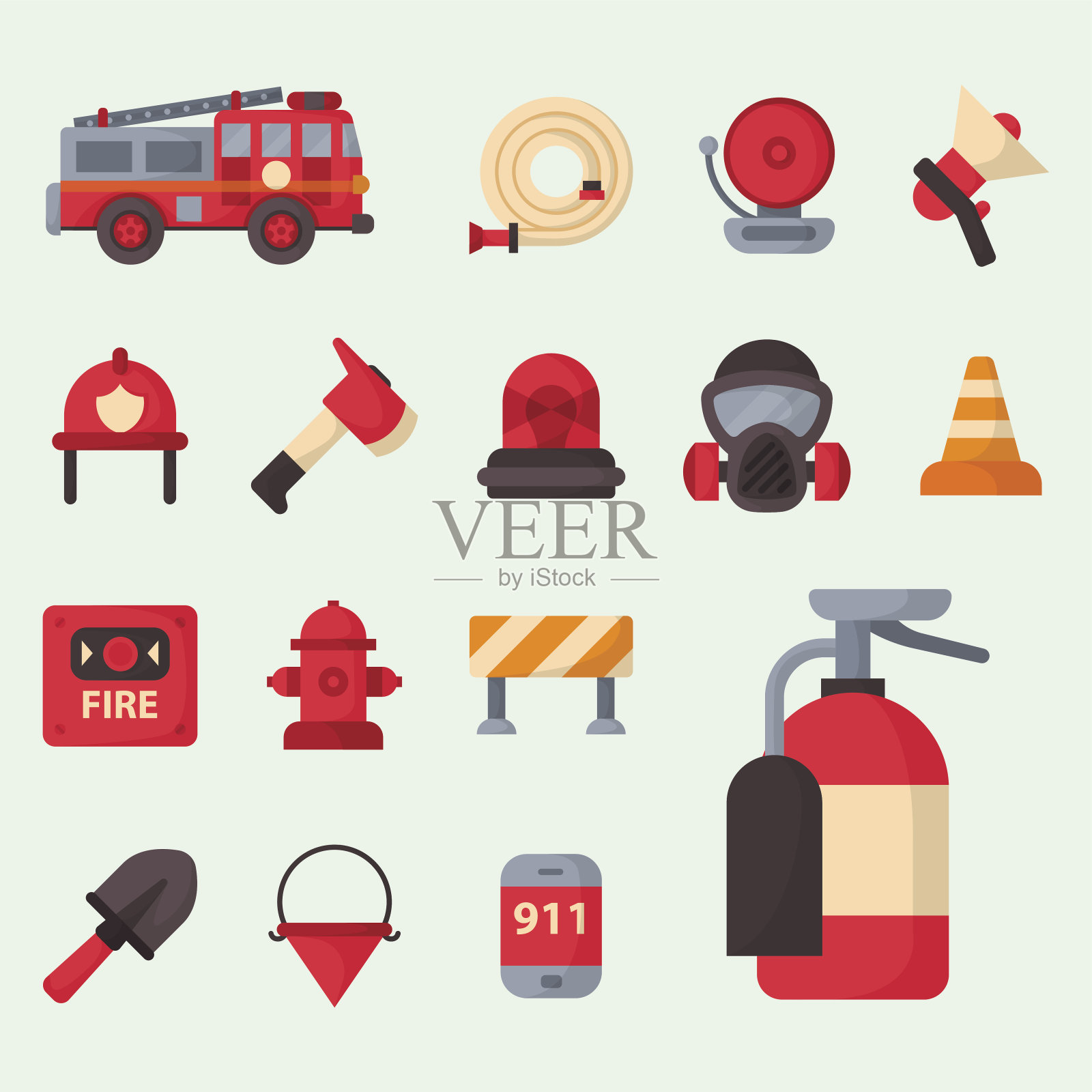 消防安全设备应急工具消防人员安全危险事故防护矢量插图图标素材