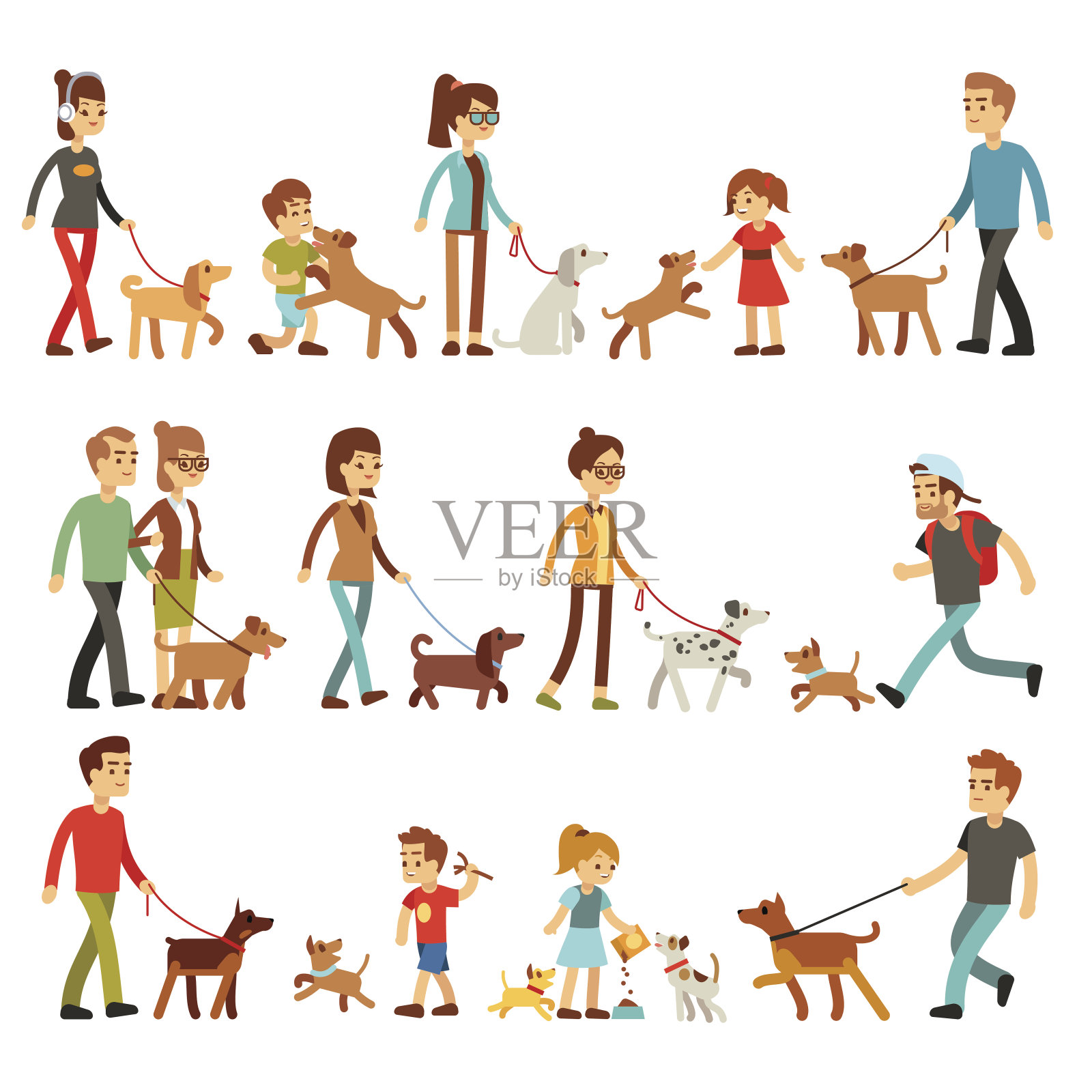 有宠物的快乐人群。女人，男人，孩子和小狗一起玩耍插画图片素材