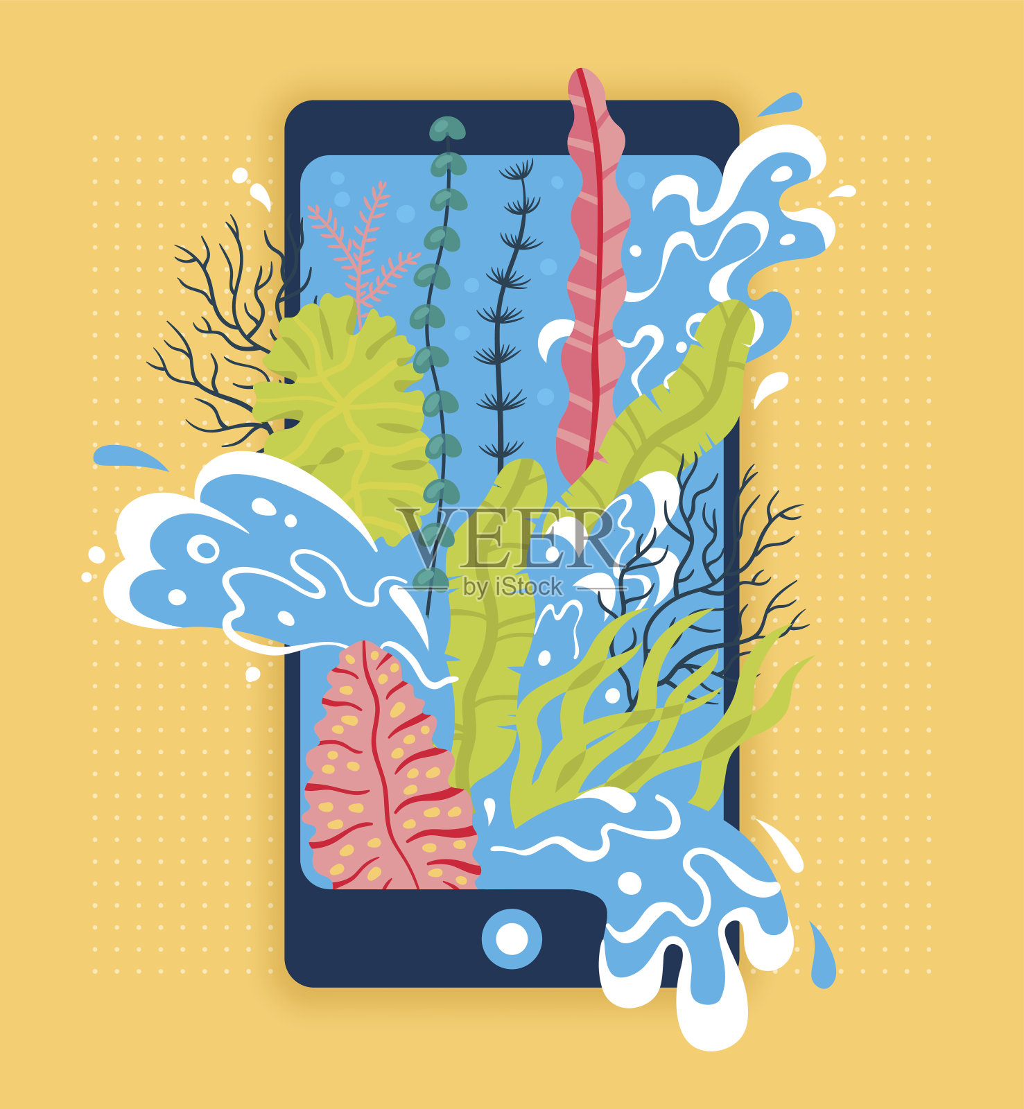旅行概念，手机屏幕上的海藻和海浪，在线订购度假券插画图片素材