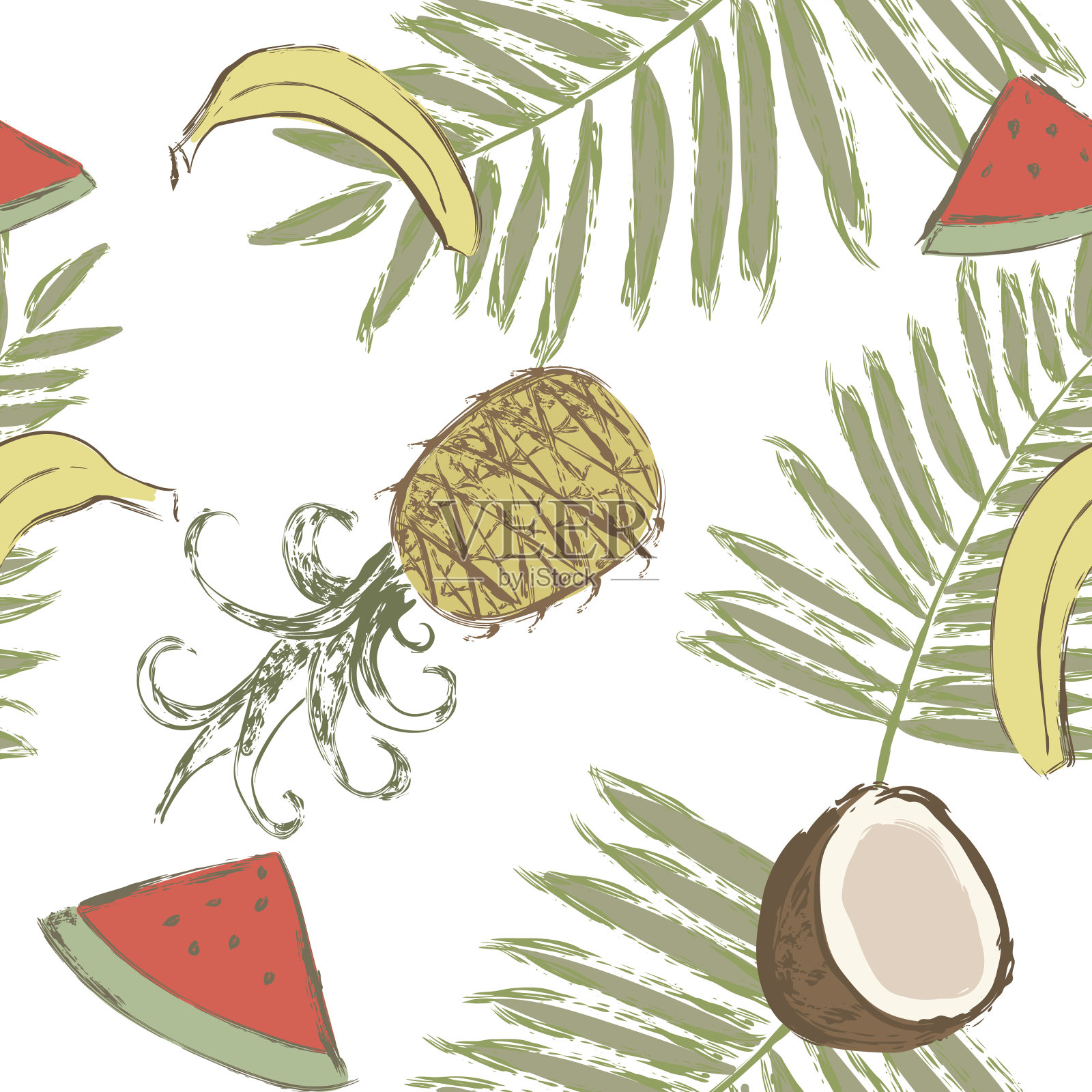 香蕉，菠萝，西瓜，椰子和棕榈叶无缝图案插画图片素材