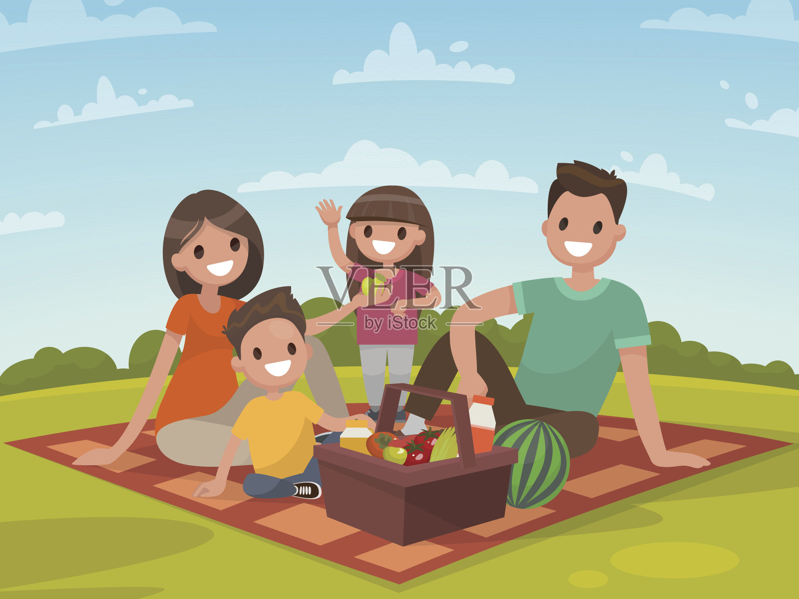 快乐的一家人在野餐。爸爸、妈妈、儿子和女儿都在大自然中休息插画图片素材