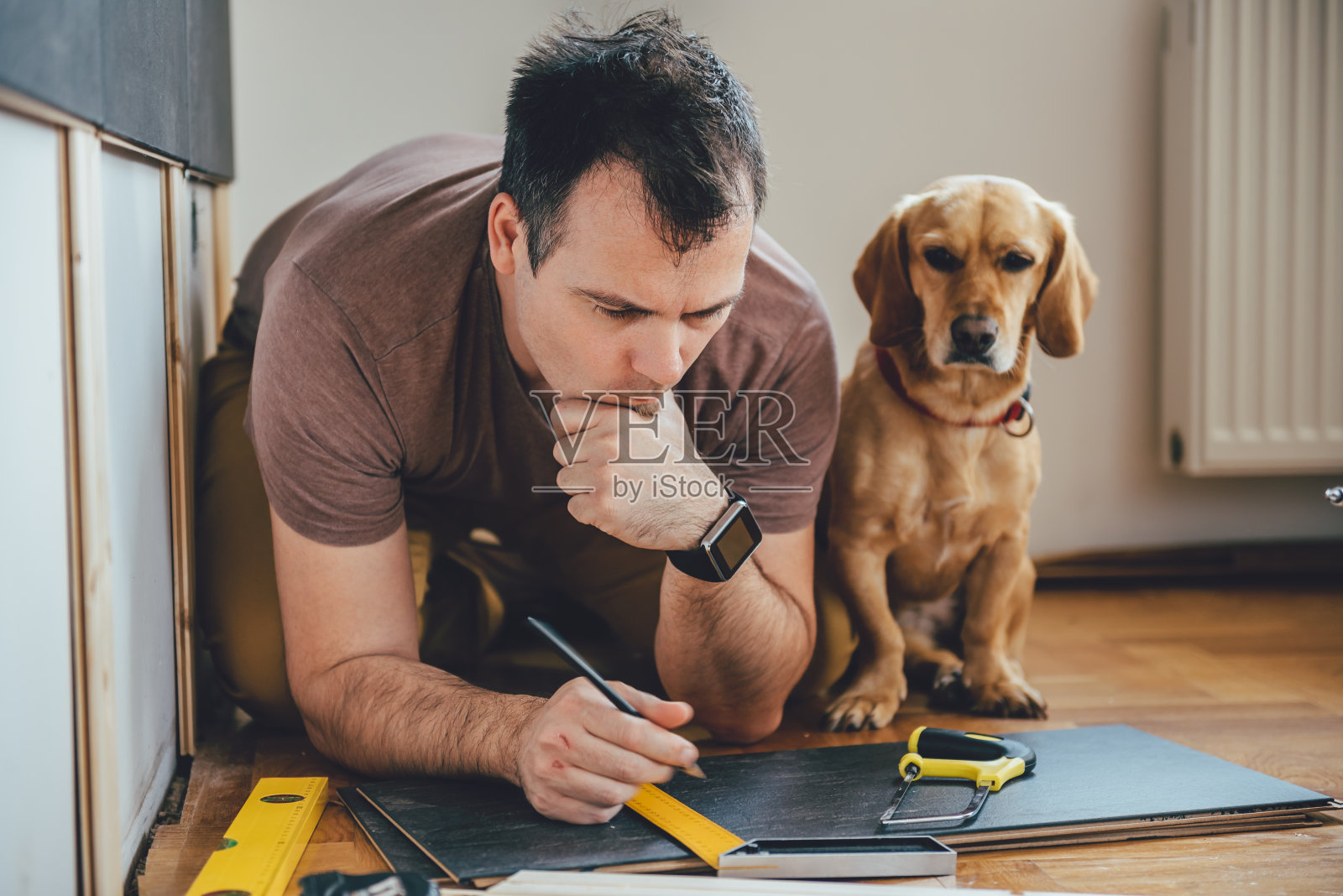 男人和他的狗在家里做装修工作照片摄影图片