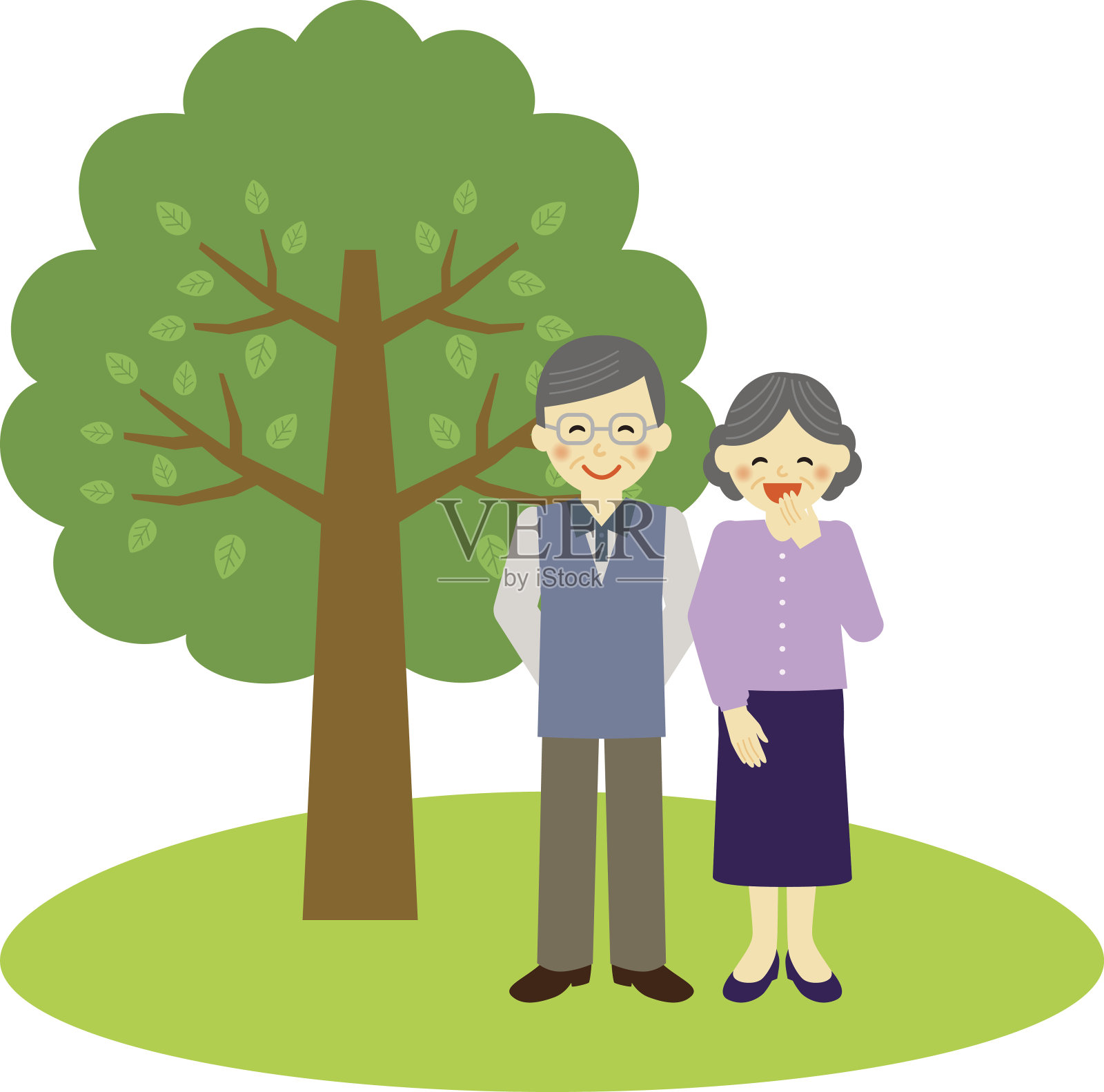 一对快乐的老夫妇站在树旁插画图片素材