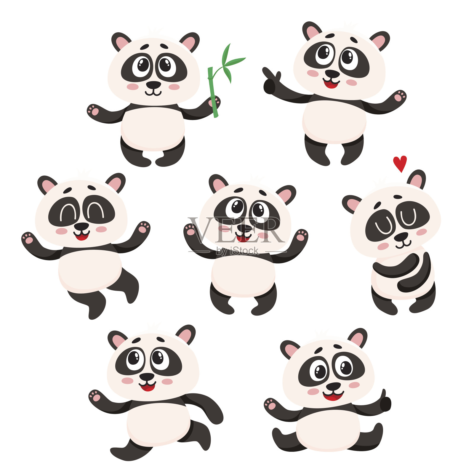 一组可爱的微笑小熊猫角色-微笑，跳舞，跳跃插画图片素材