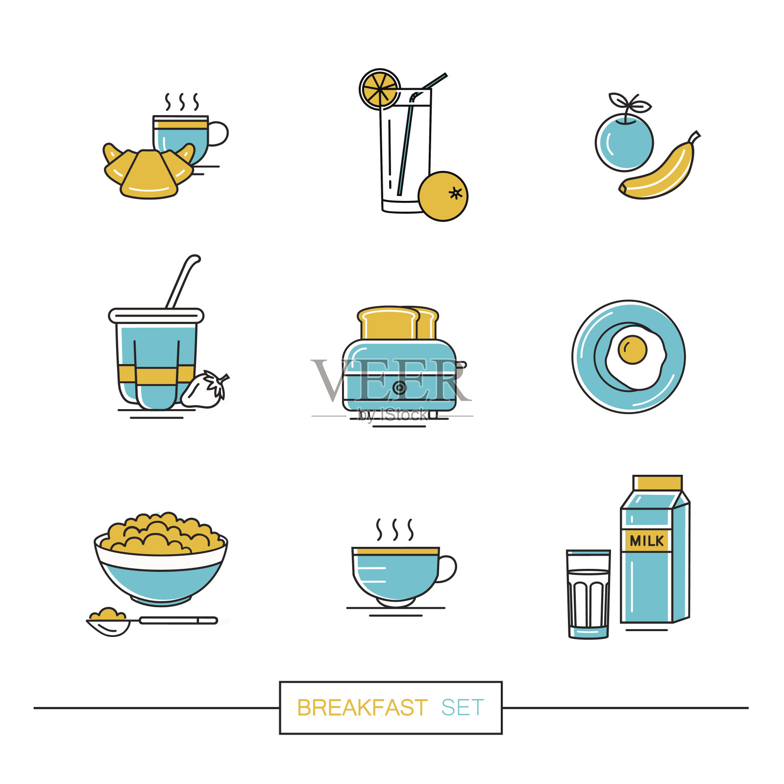 早餐-向量图标在线性平面风格相关的早餐。插画图片素材