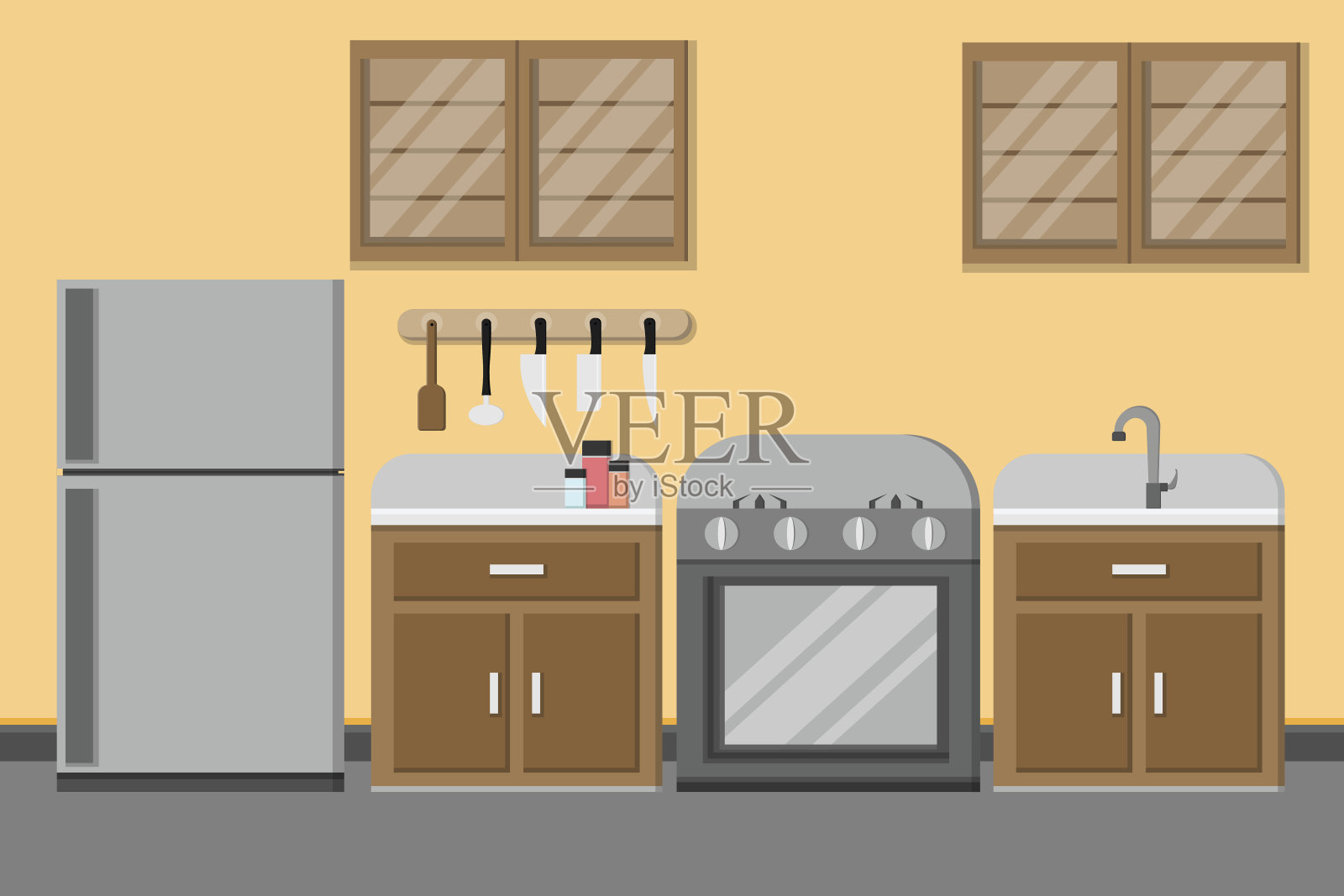 室内厨房设计与厨具。向量和插图插画图片素材