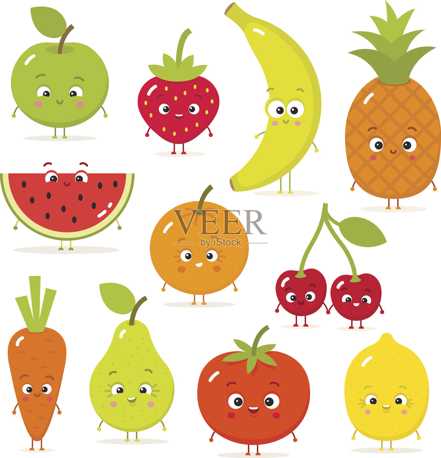 卡通水果和蔬菜与眼睛在平的风格设计元素图片