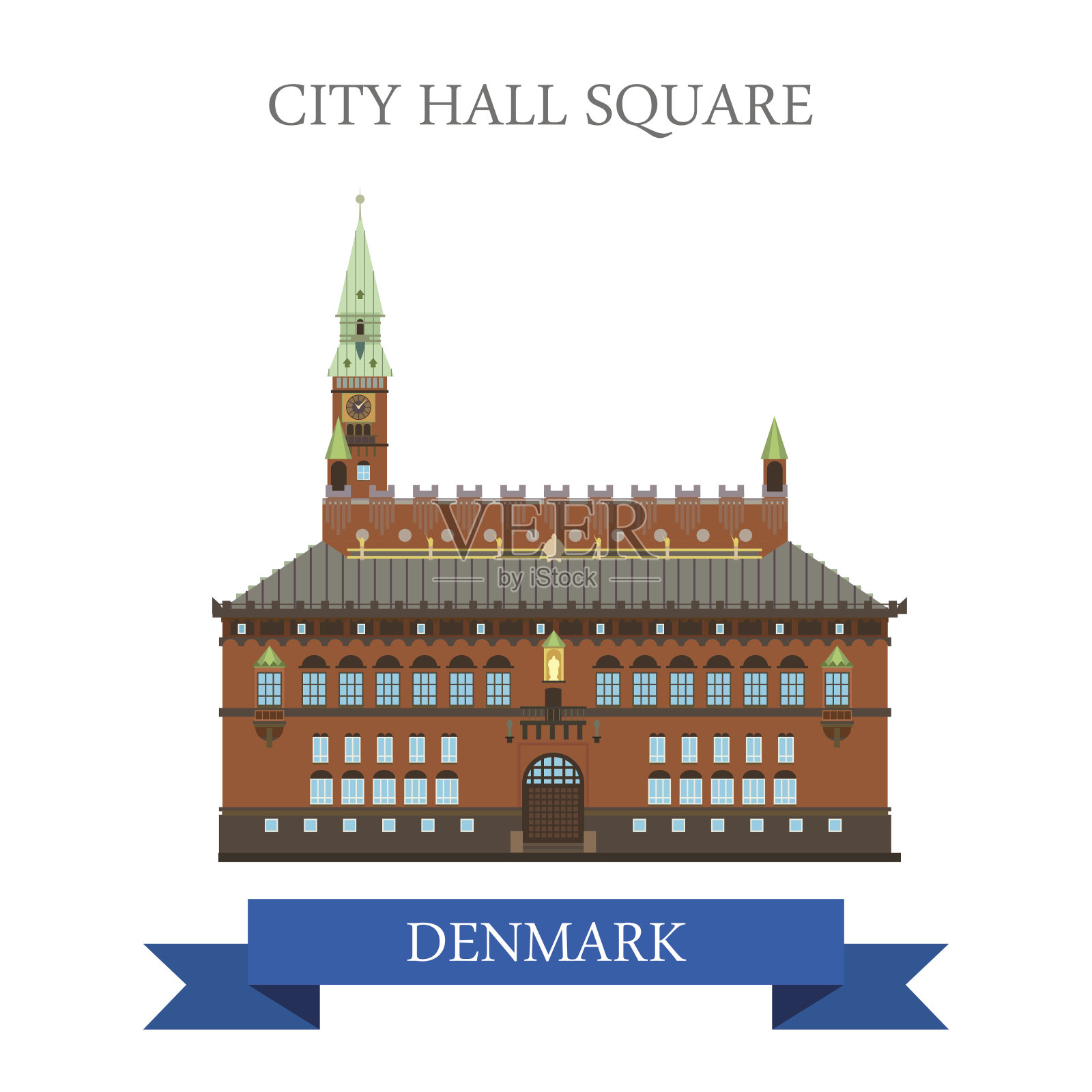 丹麦哥本哈根市政厅广场。平面卡通风格的历史景观，展示地点，景点，地标，网站矢量插图。世界各国城市度假旅游观光收藏。插画图片素材
