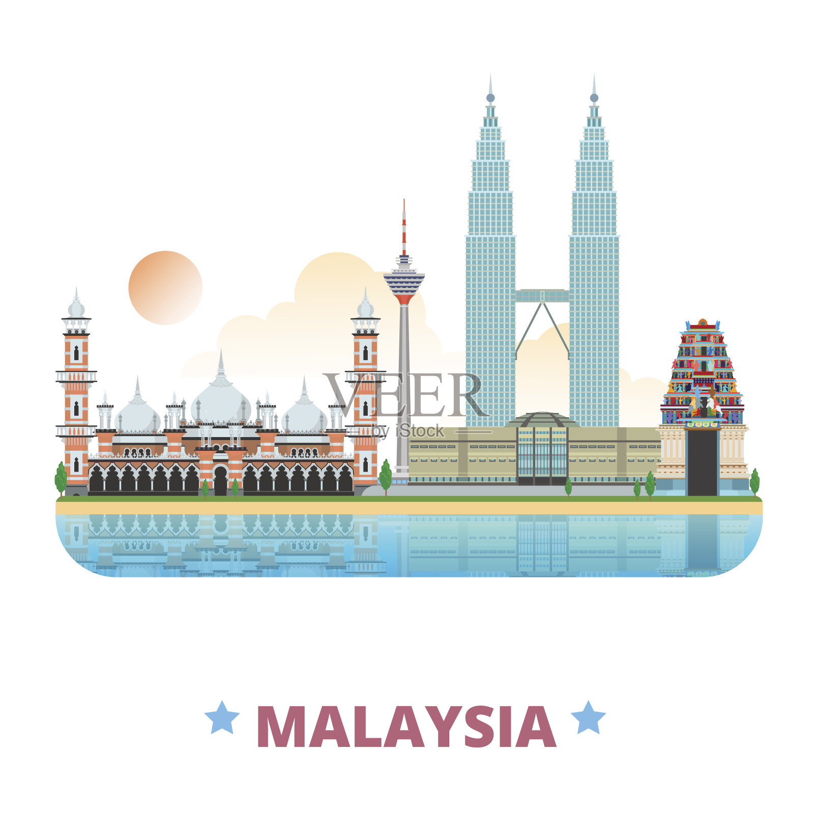马来西亚国家设计模板。平面卡通风格的历史景观网络矢量插图。世界旅游亚洲收藏。马来西亚国家石油公司双子塔斯里玛哈马里安曼印度教寺庙雅米克清真寺吉隆坡塔。插画图片素材