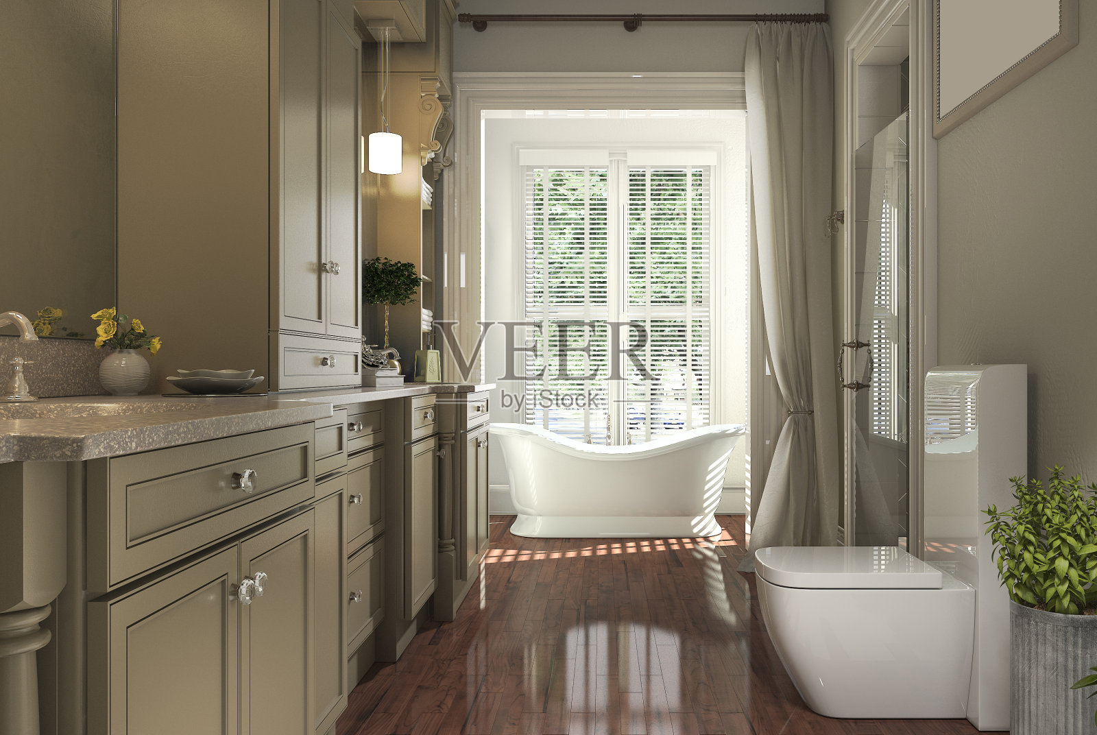 3d渲染经典浴室与木地板和花园景观从窗户照片摄影图片