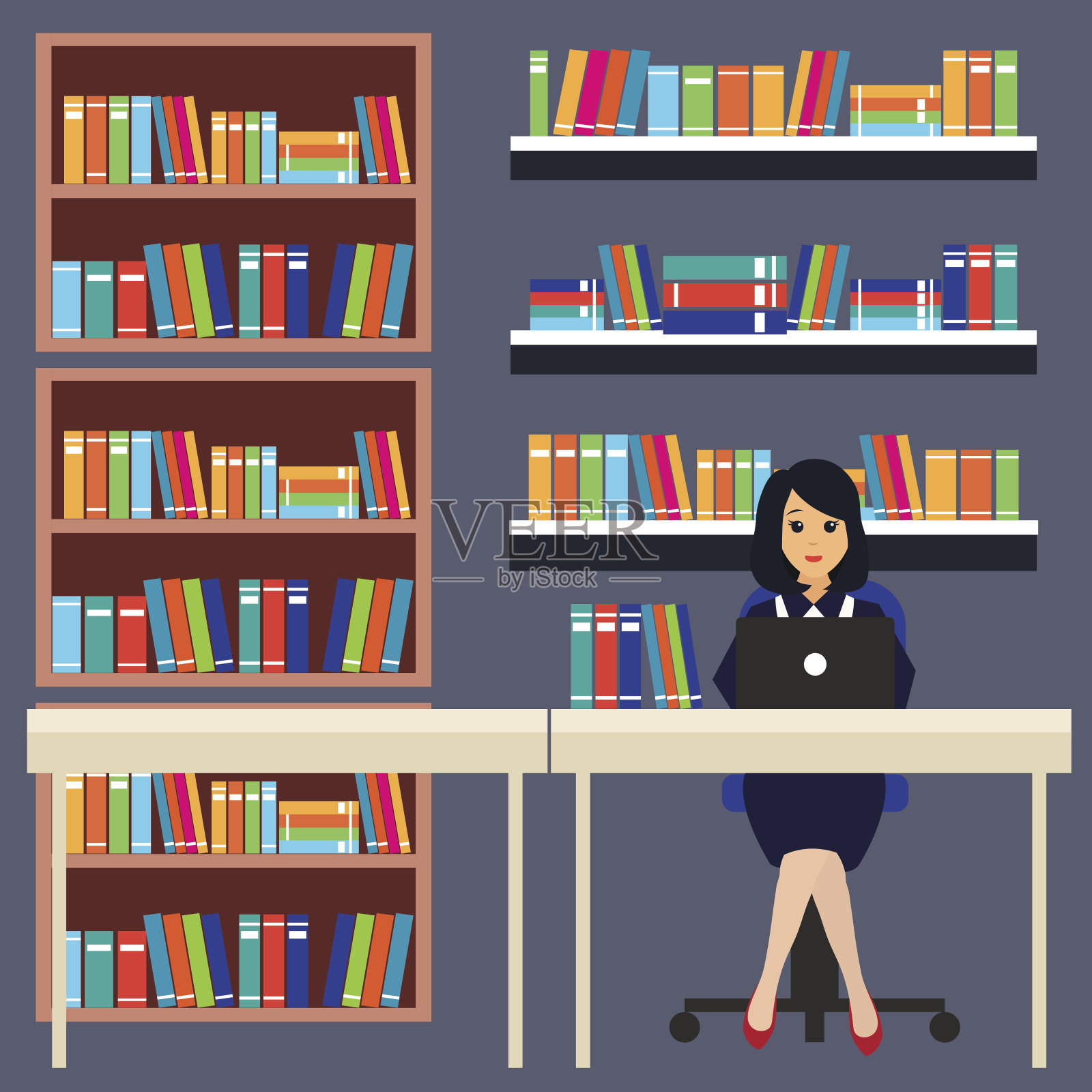 男人和女人在图书馆，工作，读书。矢量图插画图片素材
