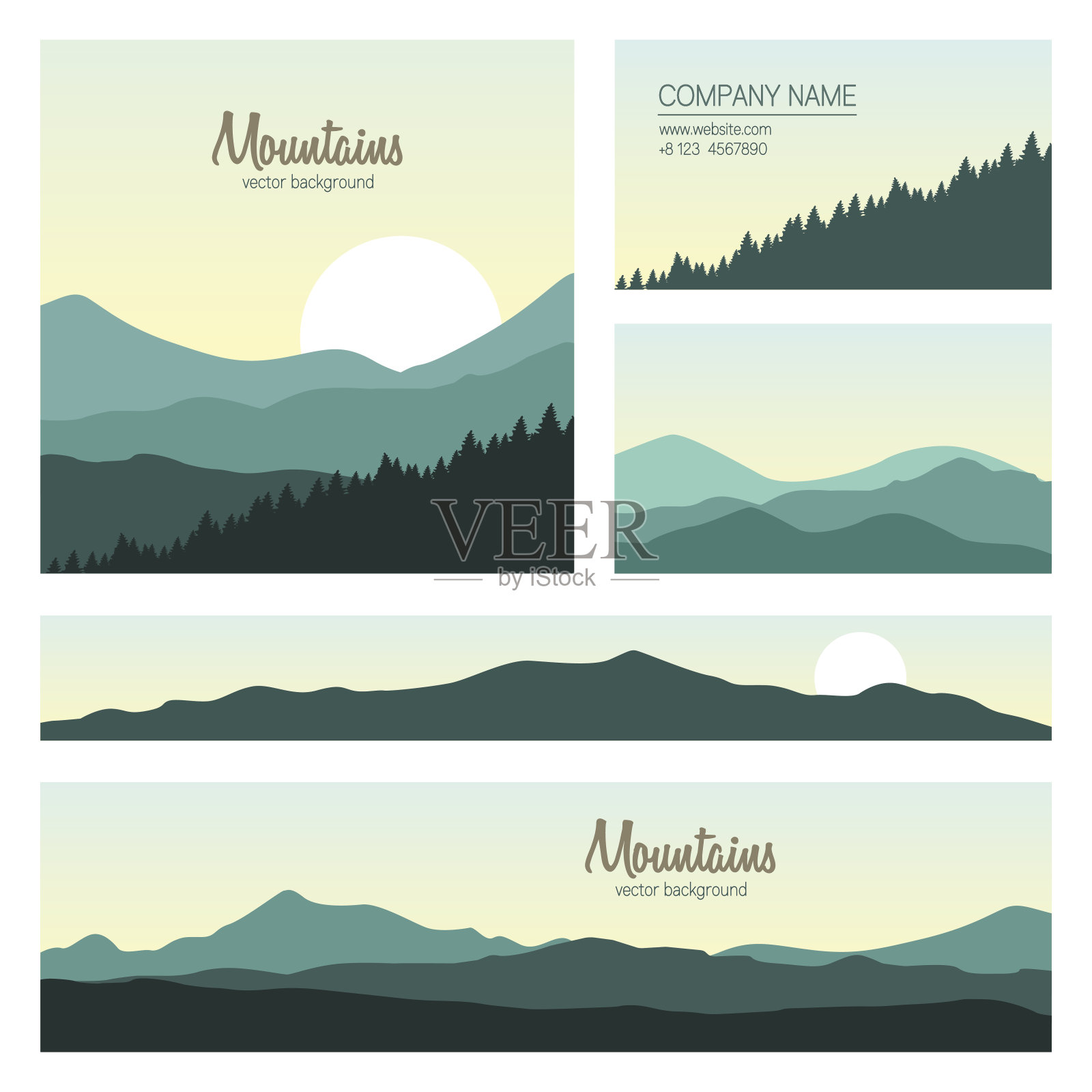 设置绿色的山脉和森林背景插画图片素材