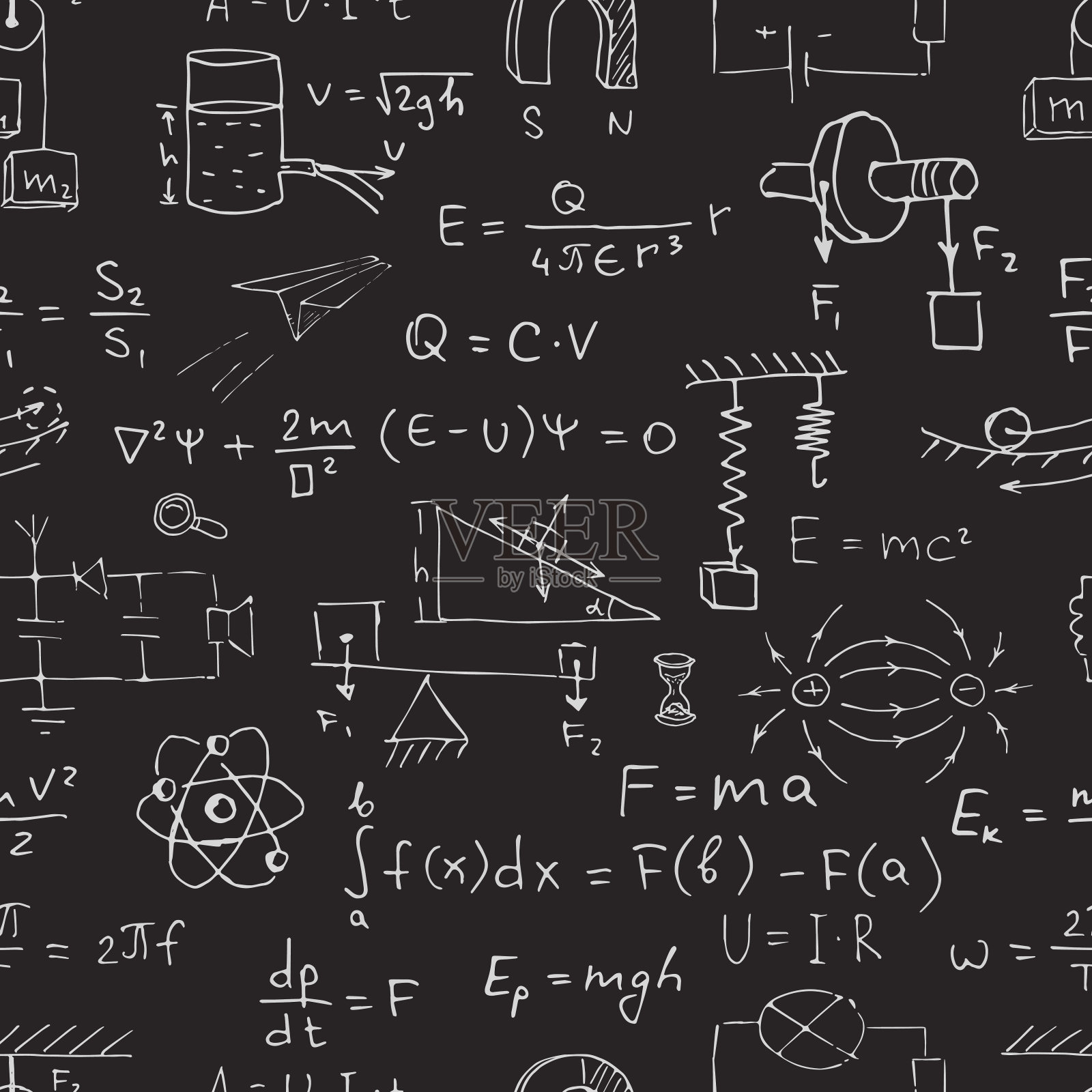 矢量无缝物理模式。在黑色的黑板上用粉笔标出物理符号。插画图片素材