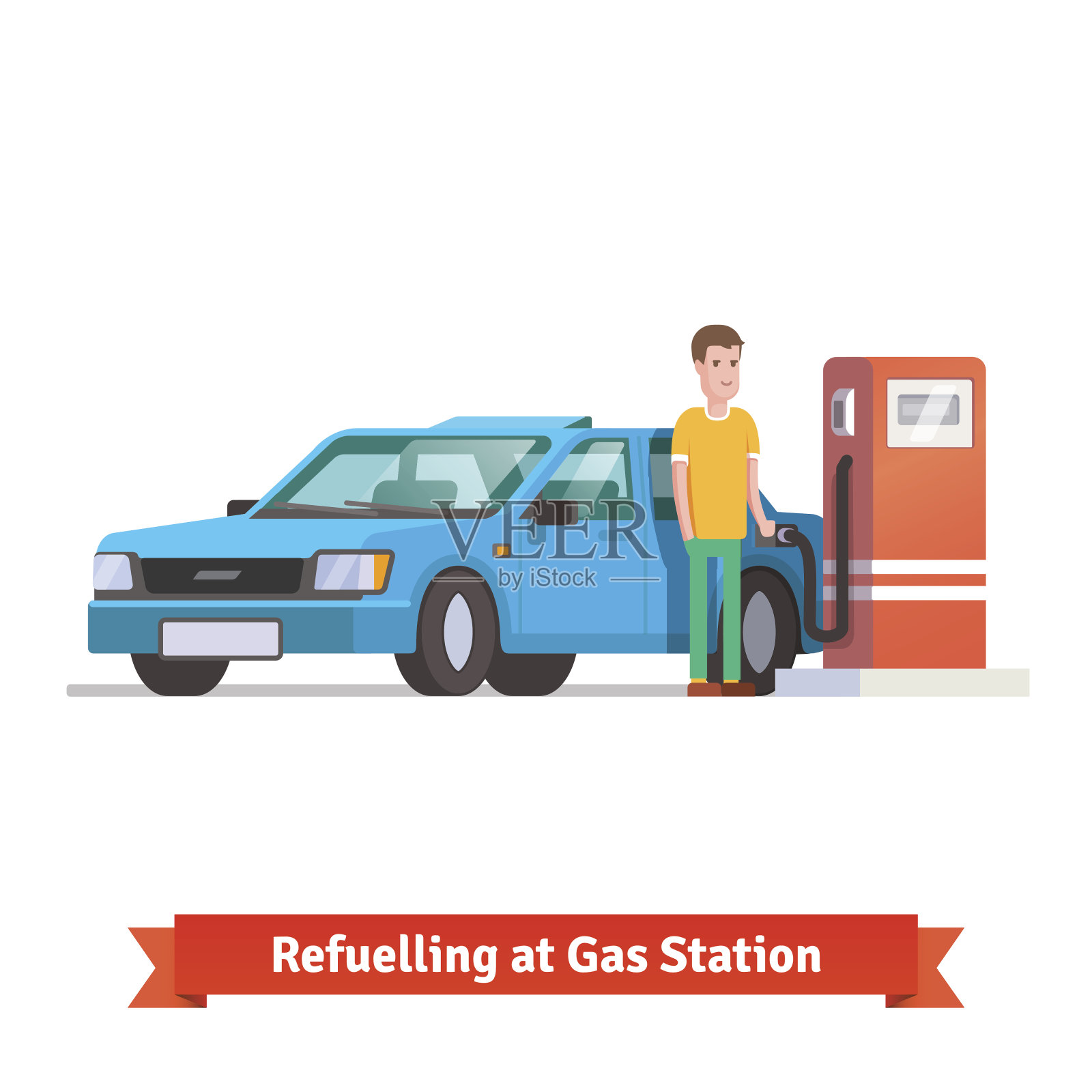 一名男子在加油站给他的汽车加油插画图片素材
