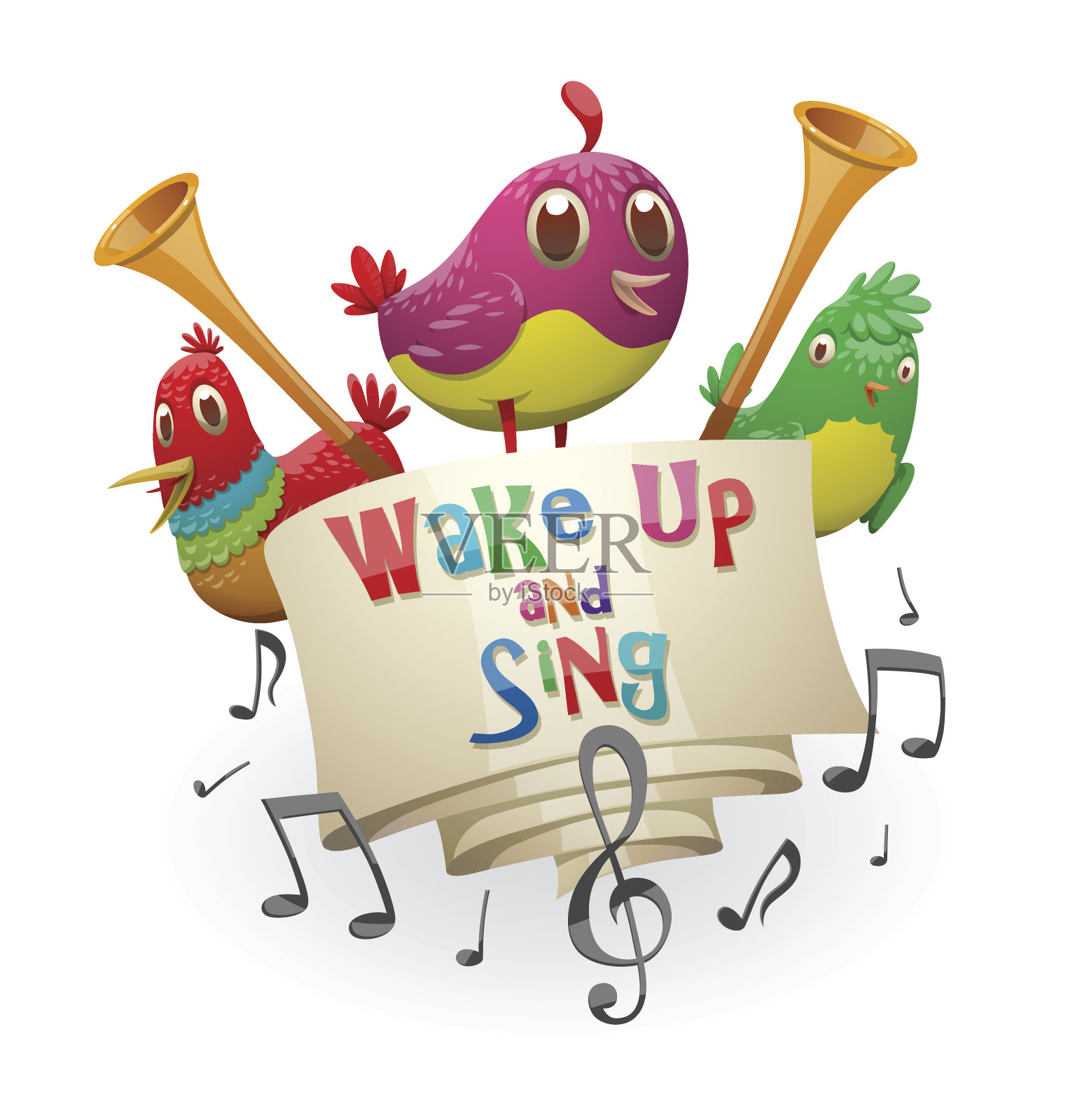 象征着“醒来歌唱”，红色、粉色、绿色的小鸟插画图片素材
