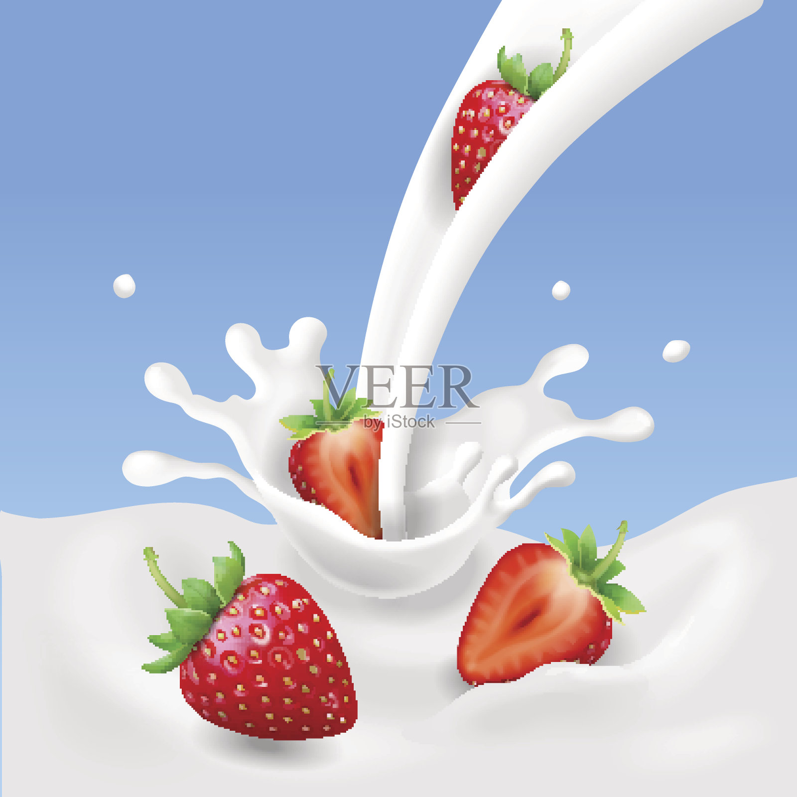 草莓和牛奶，现实的水果，酸奶喷溅矢量概念插画图片素材