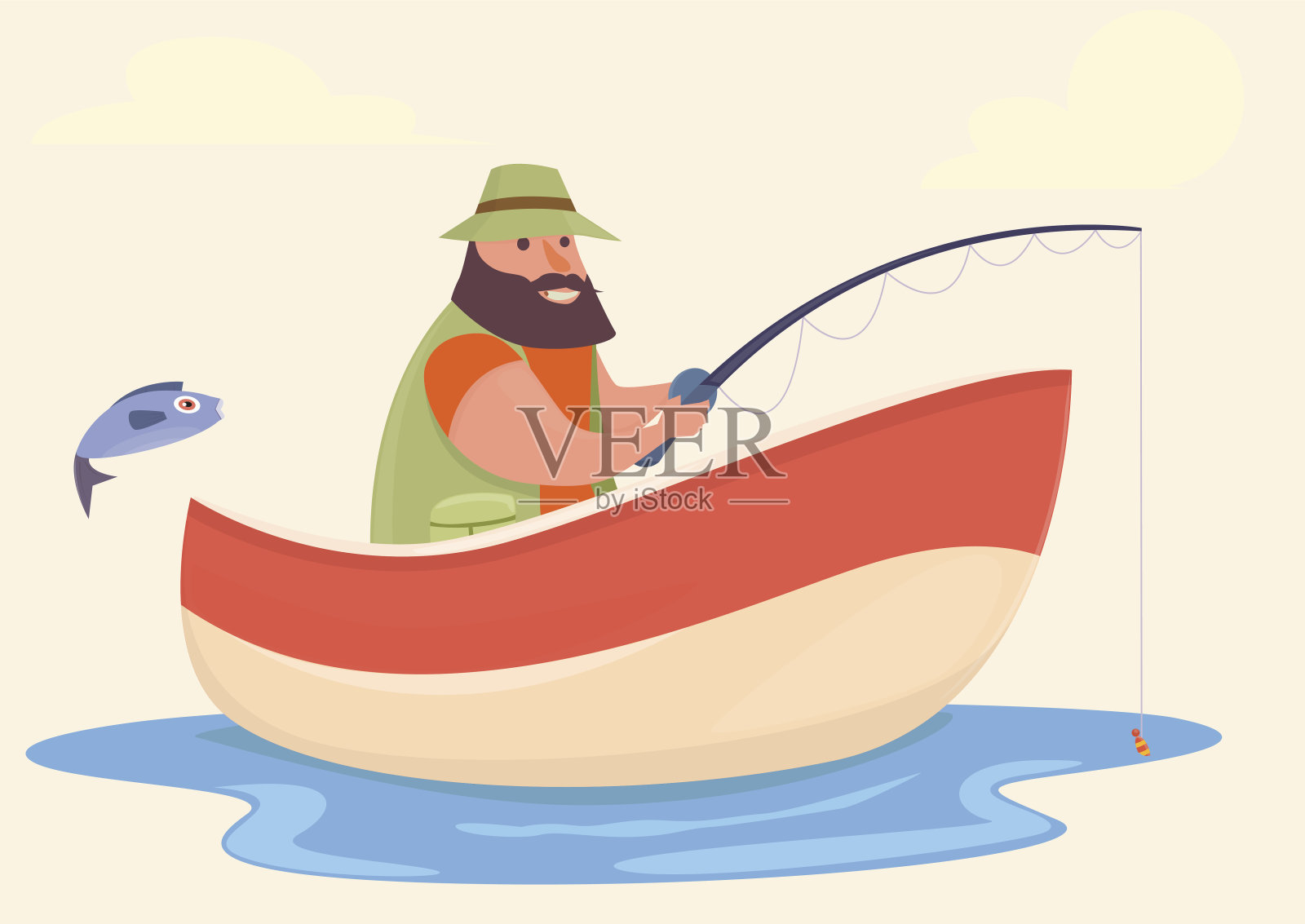 渔夫在他的船上钓鱼插画图片素材