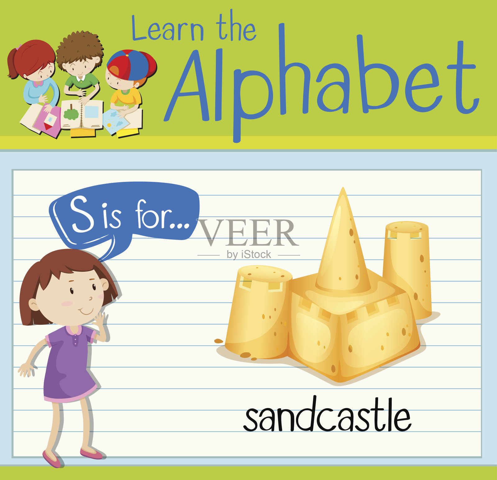 识字卡片上的字母S代表沙堡插画图片素材
