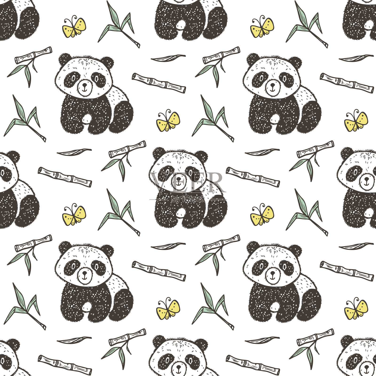 可爱的熊猫宝宝与竹子矢量无缝模式。无尽的熊猫壁纸。手绘涂鸦有趣的黑白熊。背景的孩子。插画图片素材