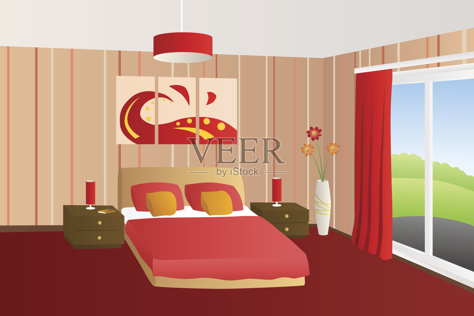 现代室内卧室米色红色床枕头灯窗户插图插画图片素材