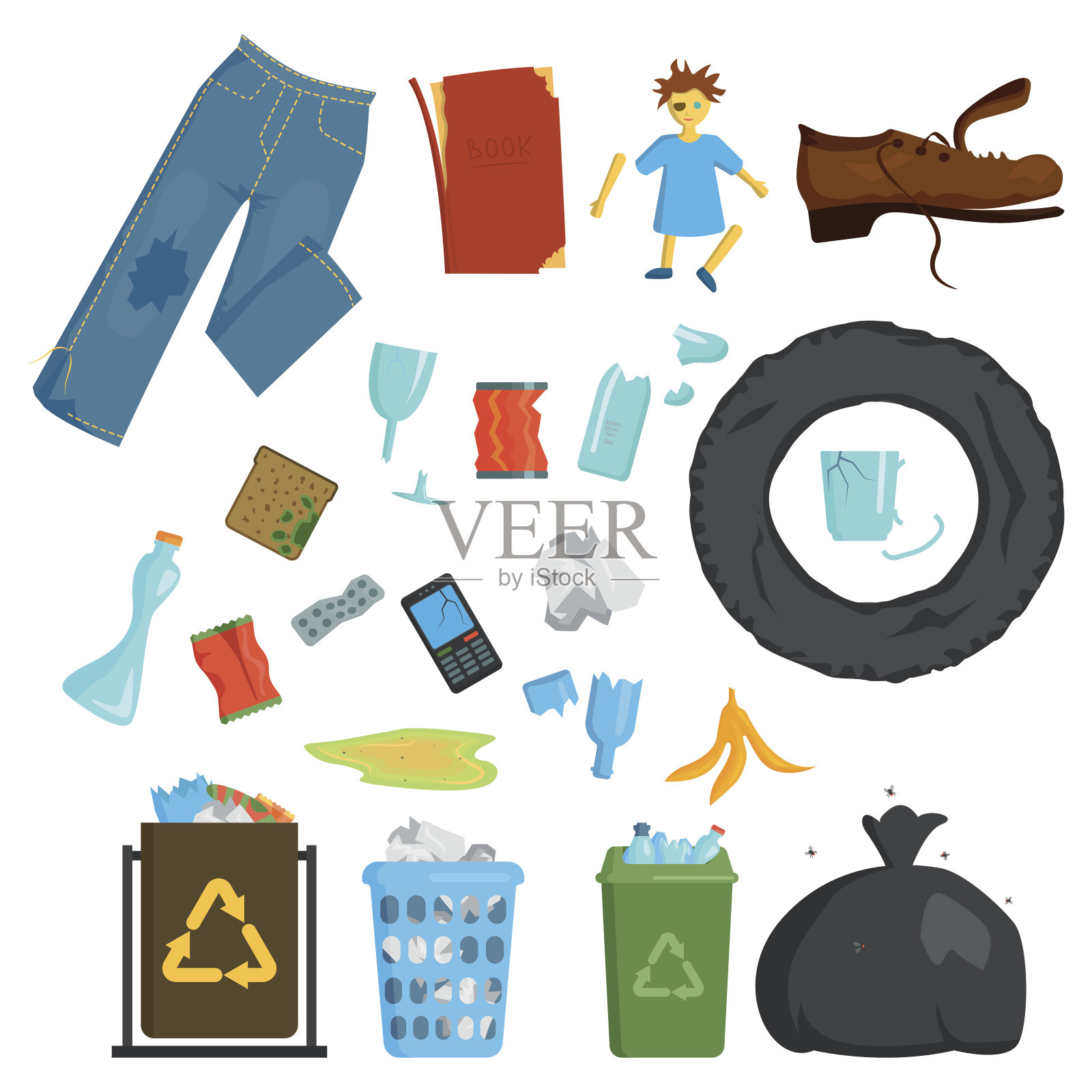 垃圾回收再利用要素、垃圾袋、轮胎管理行业利用废生态概念和可回收瓶子、处置箱矢量插图插画图片素材