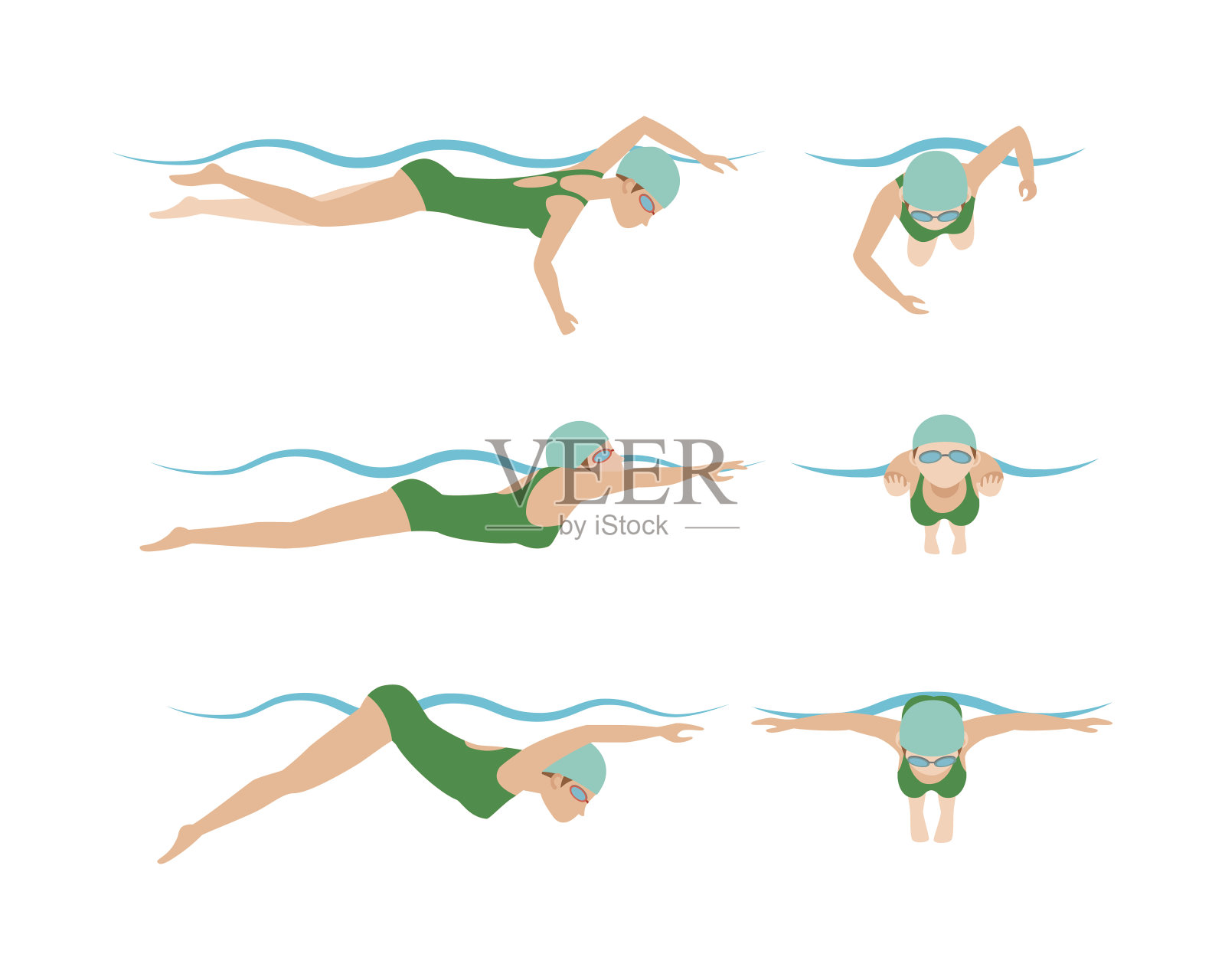 矢量图解的游泳风格方案不同的游泳运动员在游泳池运动的男子和女子锻炼设计元素图片
